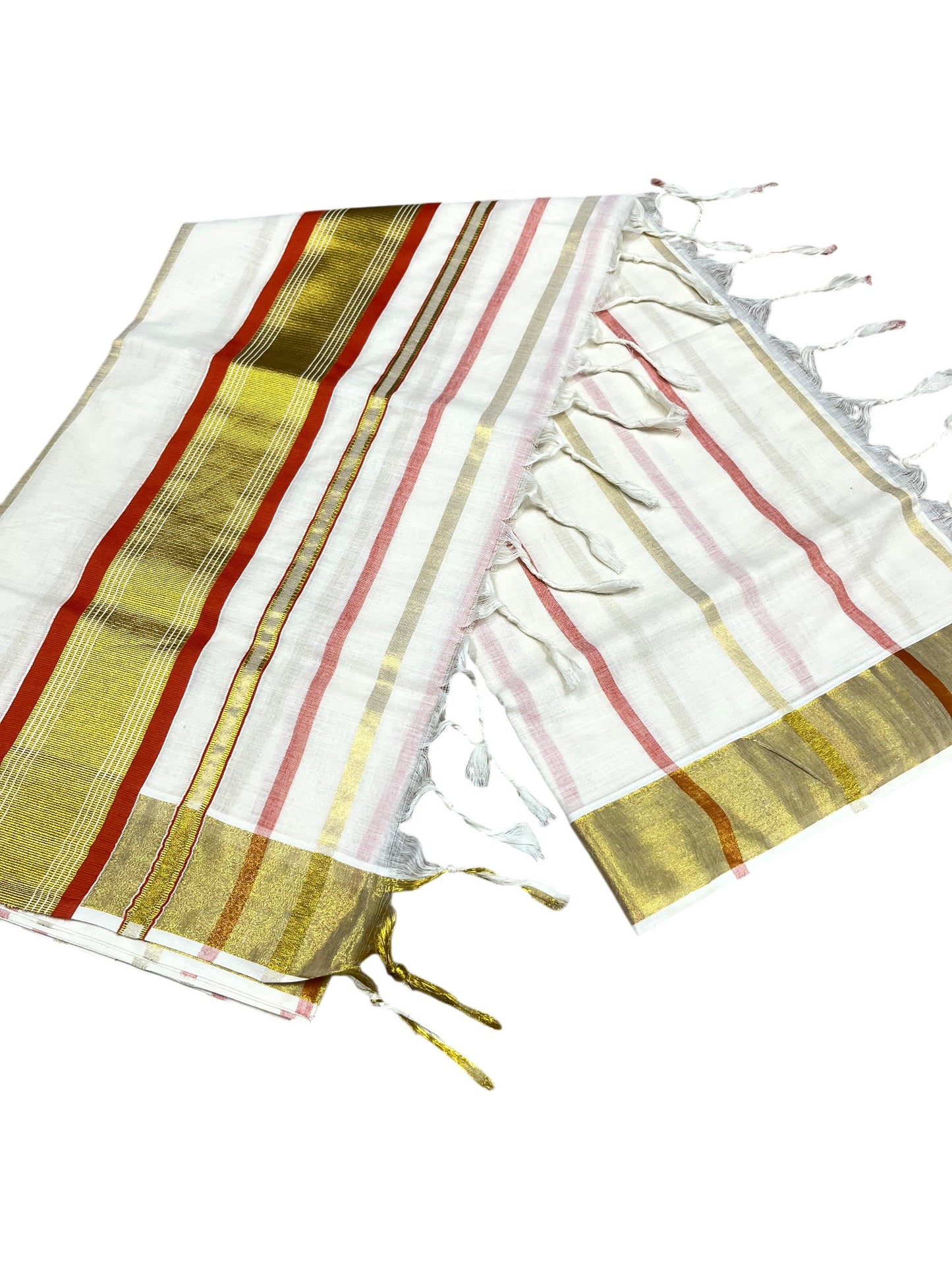 Southloom Kerala Cotton Kasavu Saree with Gold And Orange Lines on Body SL331