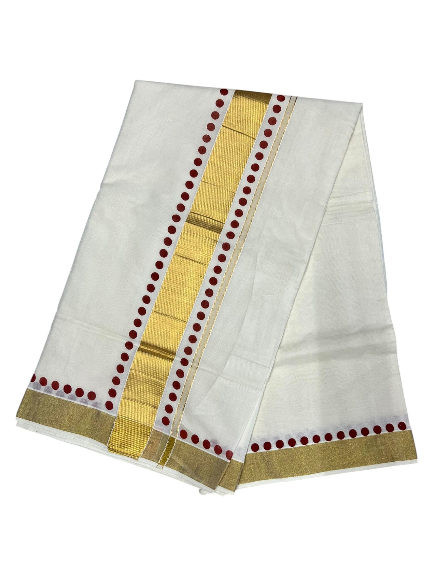 Southloom Cotton Kerala Kasavu Saree with Maroon Polk Dots Design Border