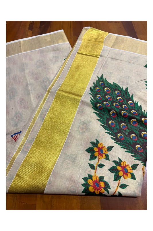 Kerala Copper Tissue Kasavu Saree With Mural Peacock Design (include Printed Running Blouse)