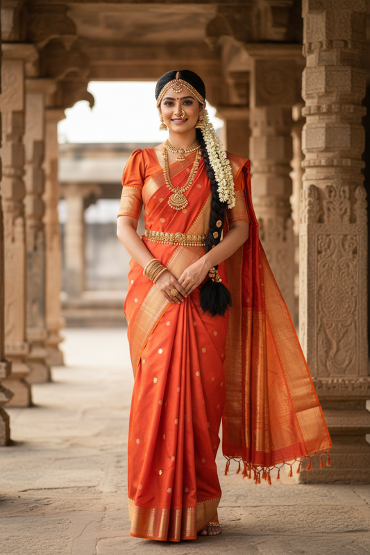 Southloom Pure Handloom Bridal Kanchipuram Silk Saree with Korvai Work (Orange)