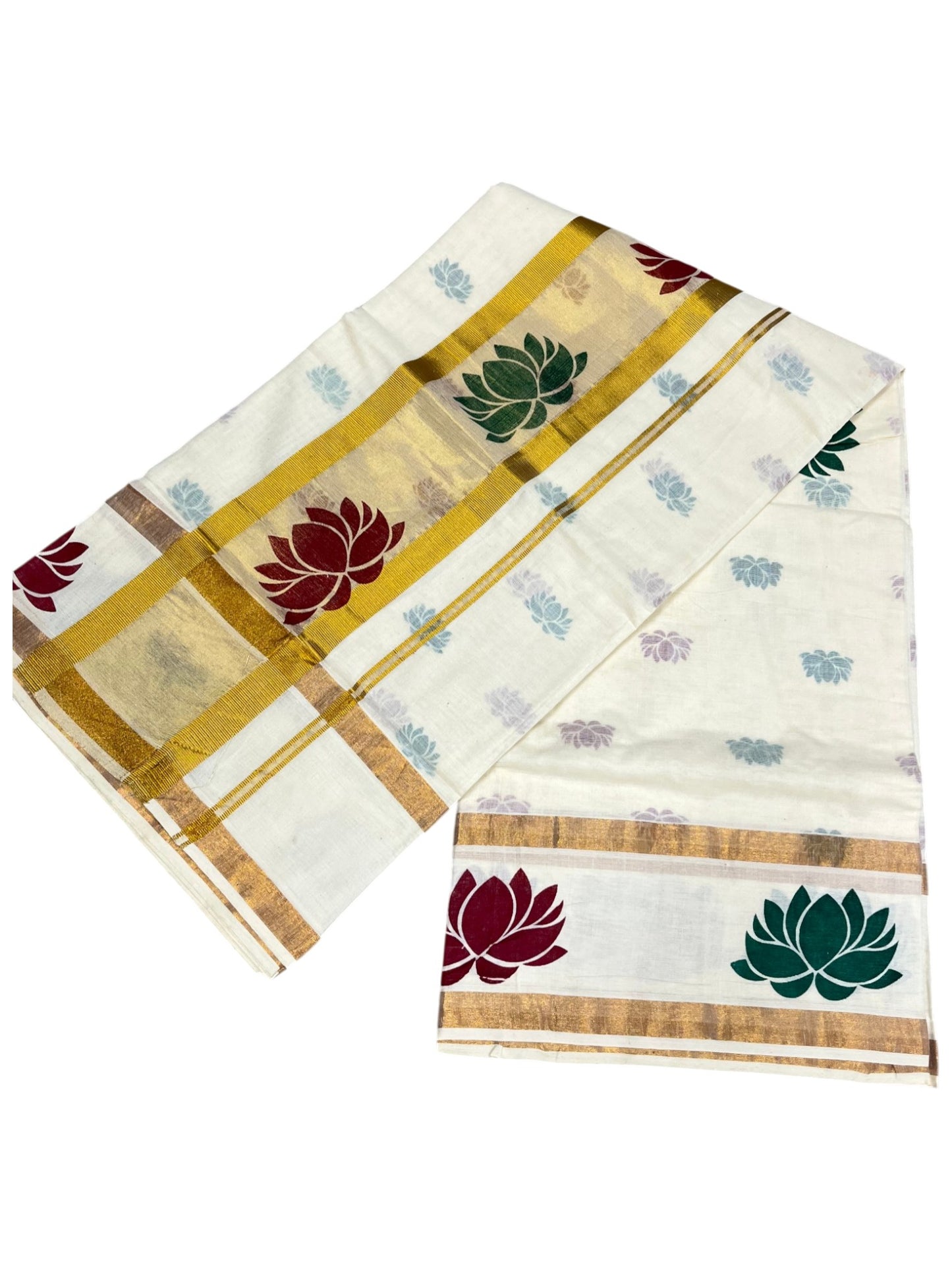 Southloom Cotton Kerala Kasavu Saree with Lotus Block Prints on Body and Border in Maroon and Green