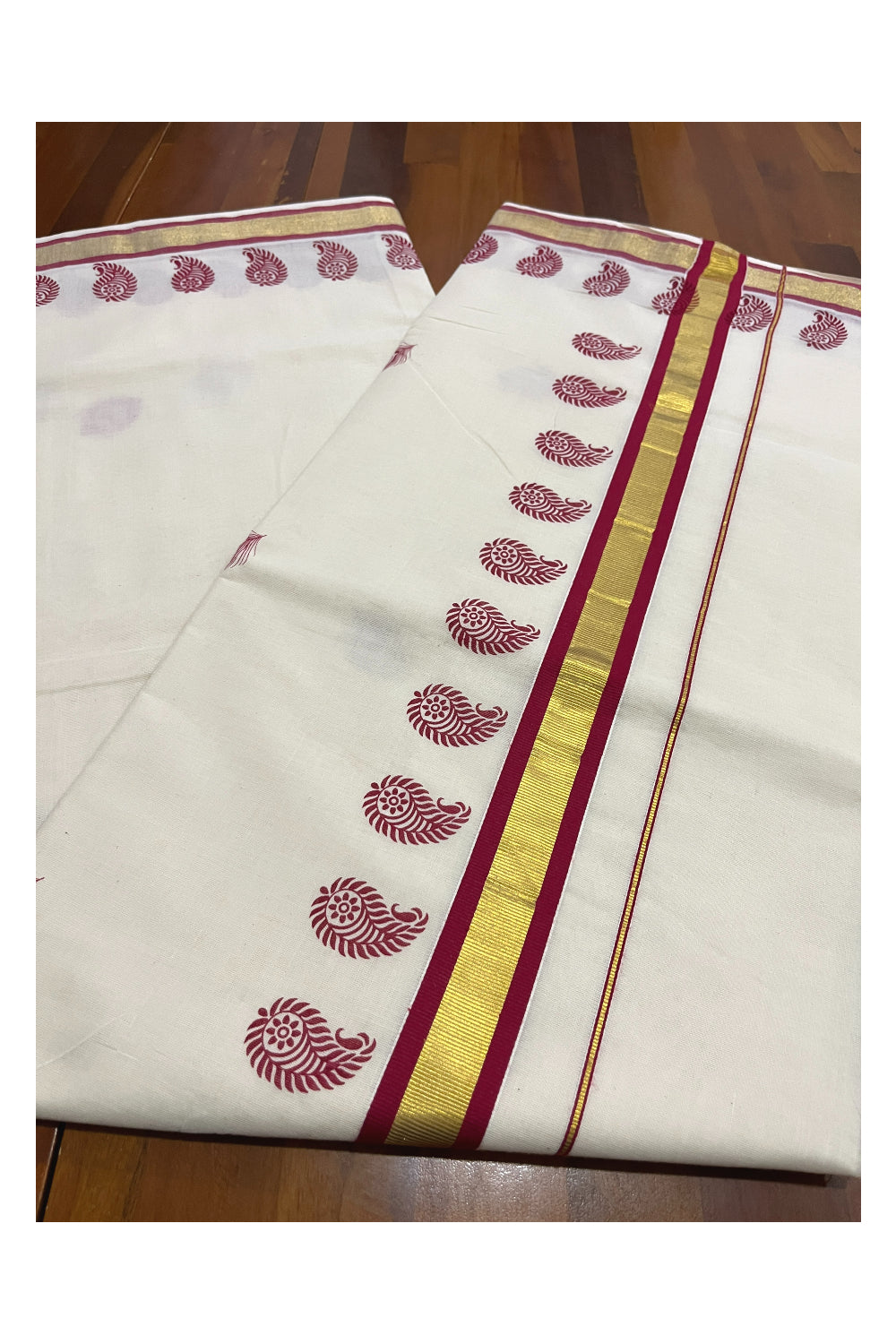 Pure Cotton Kerala Kasavu Saree with Red Feather Block Printed Design