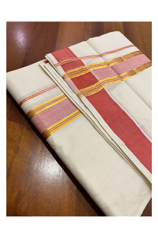 Kerala Pure Cotton Double Mundu with Orange and Kasavu Border (South Indian Kerala Dhoti)