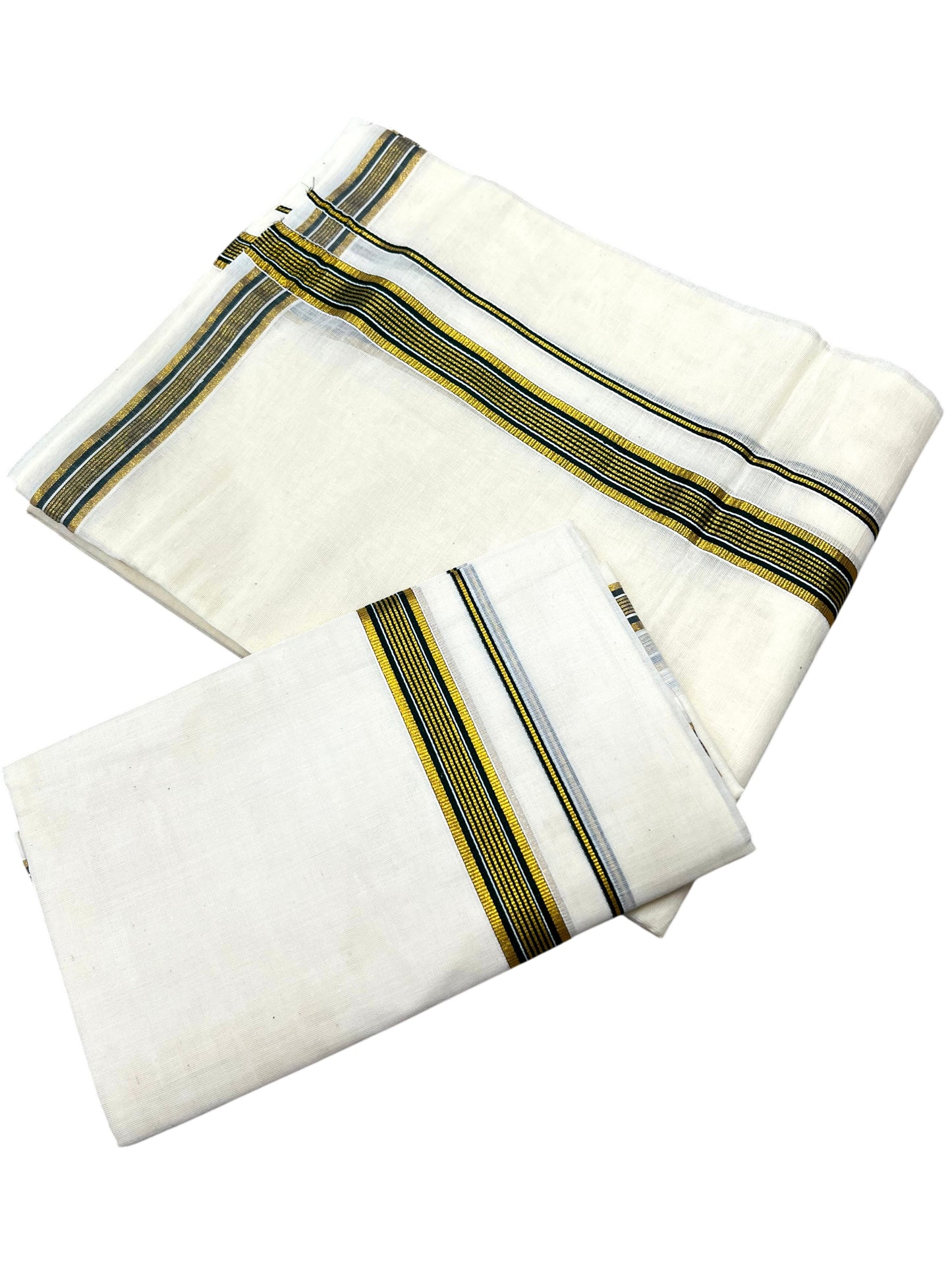 Southloom Pure Cotton Kerala Single Set Mundu (Mundum Neriyathum) with Green Kasavu Border in 2.80 Mtrs