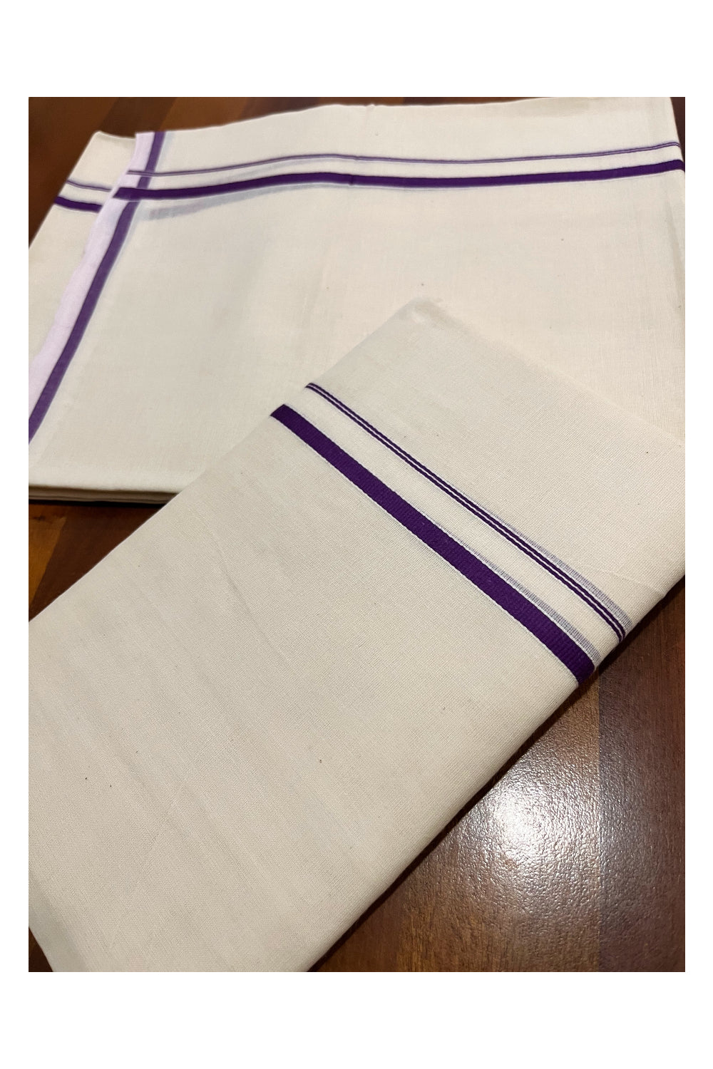 Kerala Cotton Set Mundu (Mundum Neriyathum) with Violet Thin Border 2.75 Mtrs