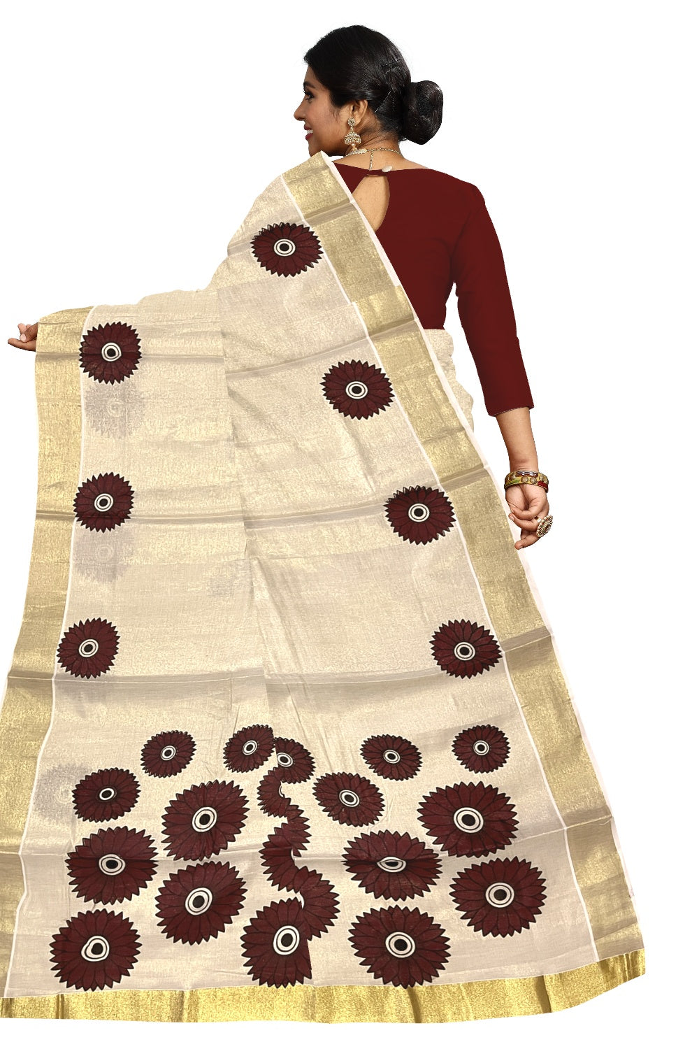 Southloom Exclusive Tissue Kasavu Saree With Maroon Sunflower Art On Body and Pallu