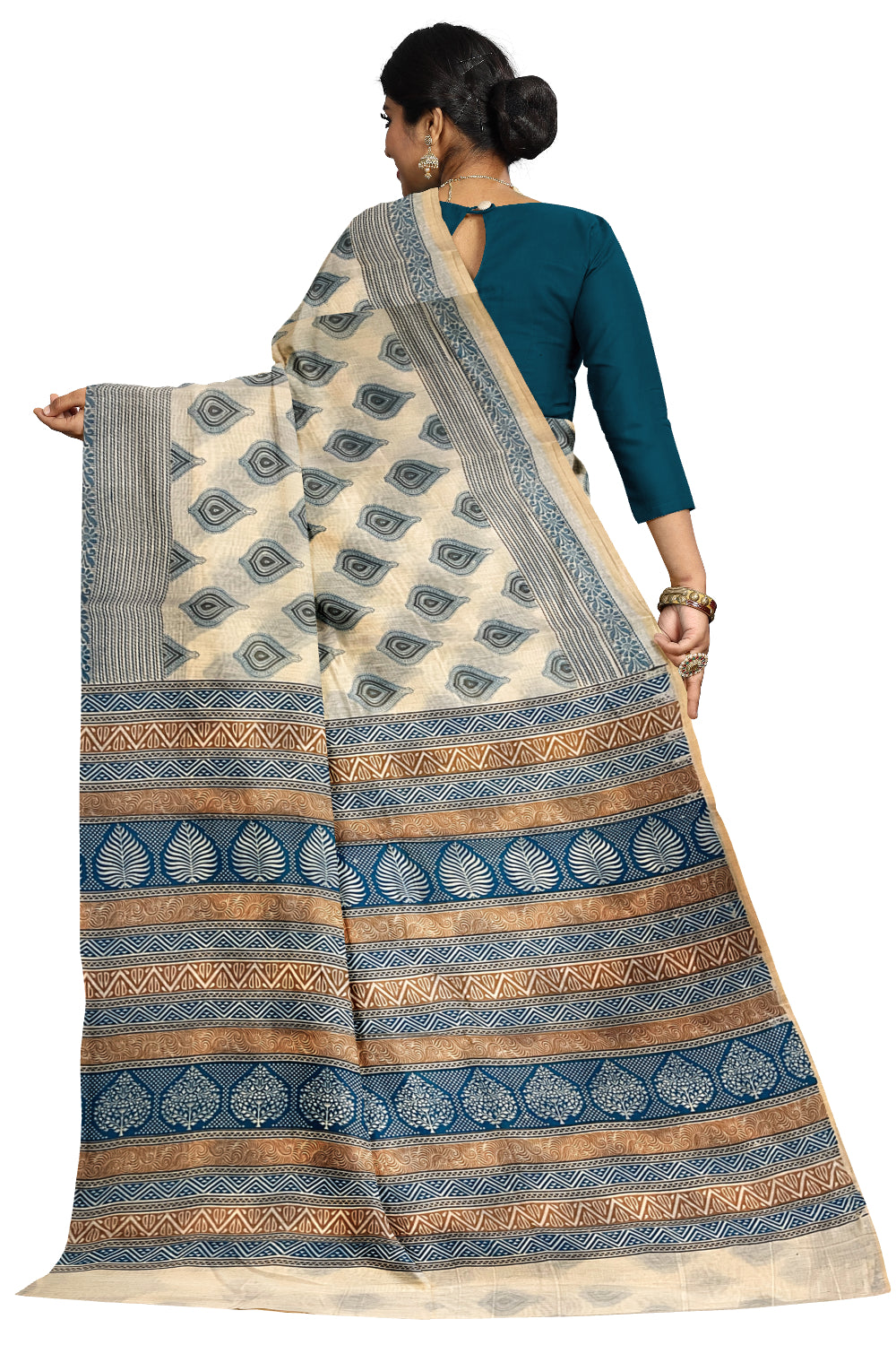 Southloom Cotton Light Brown Saree with Blue Paisley Prints