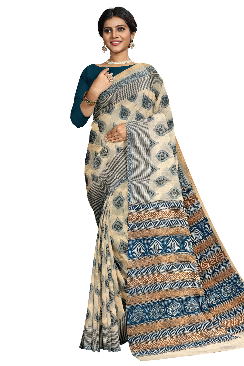 Southloom Cotton Light Brown Saree with Blue Paisley Prints