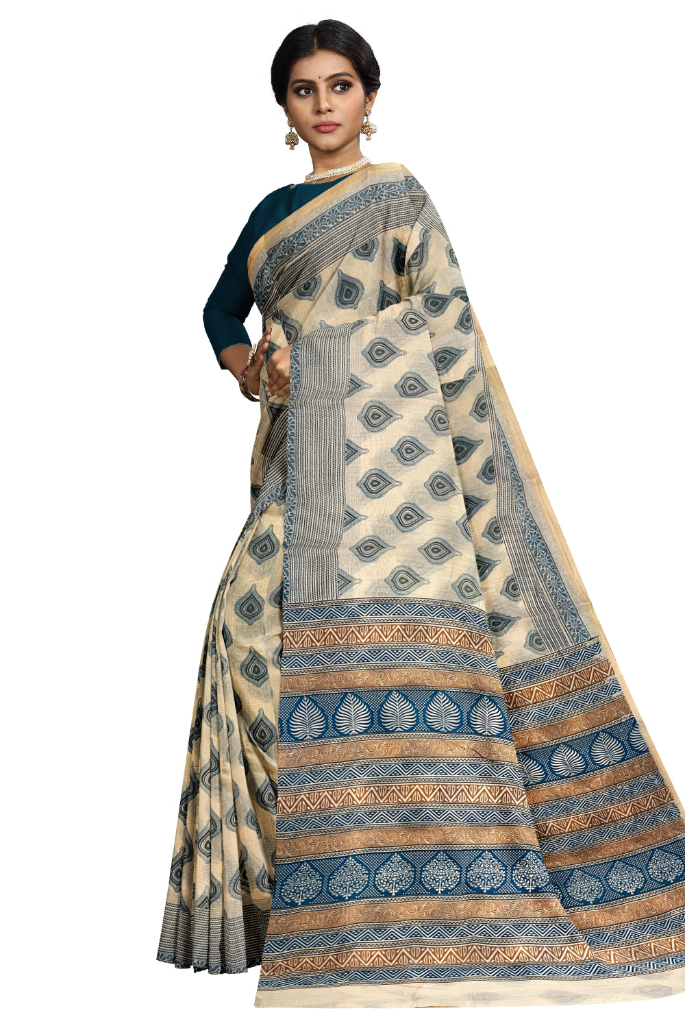 Southloom Cotton Light Brown Saree with Blue Paisley Prints