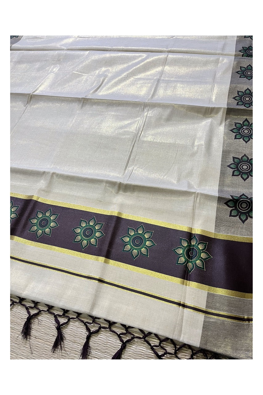 Kerala Tissue Kasavu Saree with Floral Block Prints in Brown Border