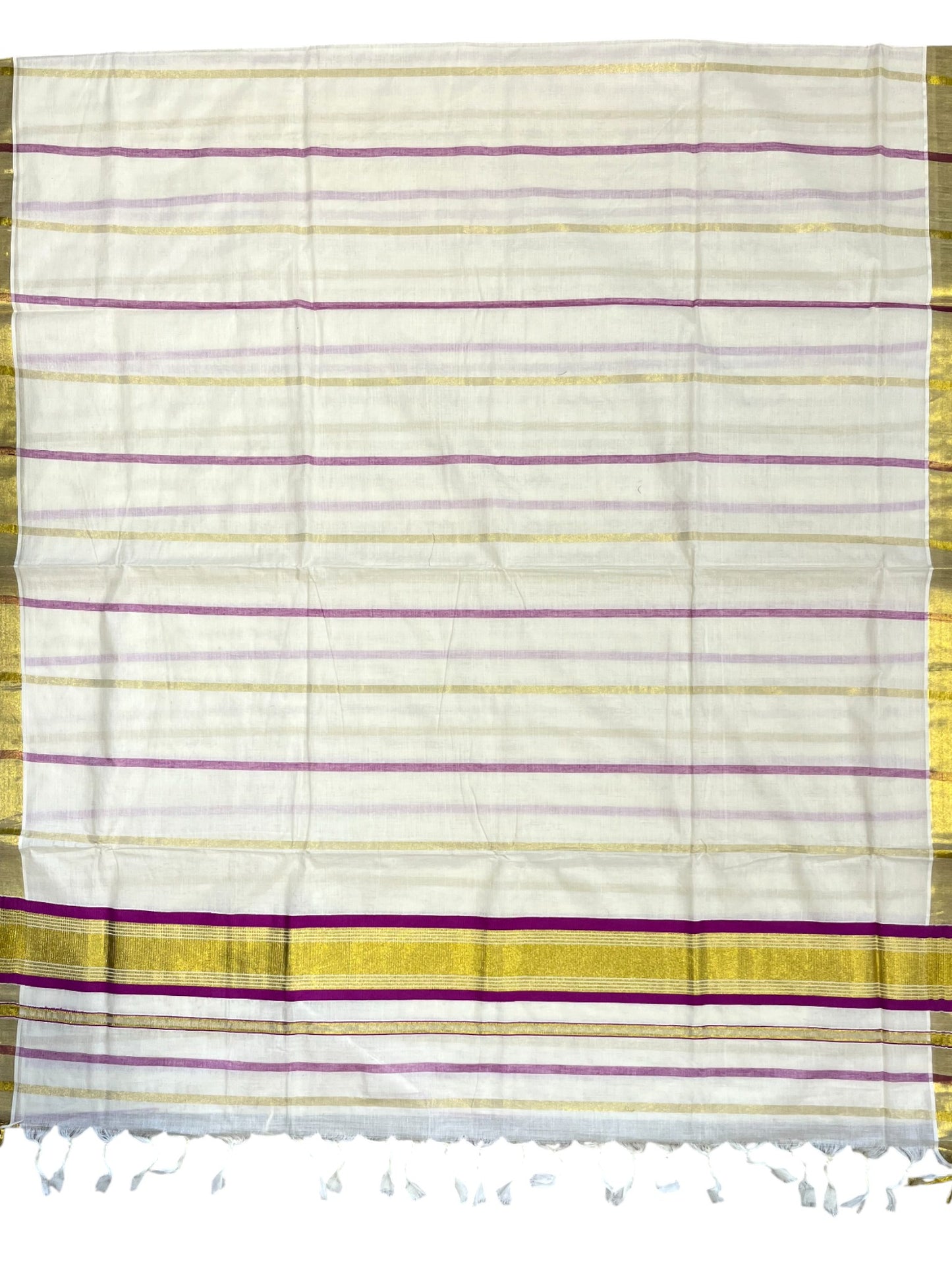 Southloom Kerala Cotton Kasavu Saree with Gold And Purple Lines on Body