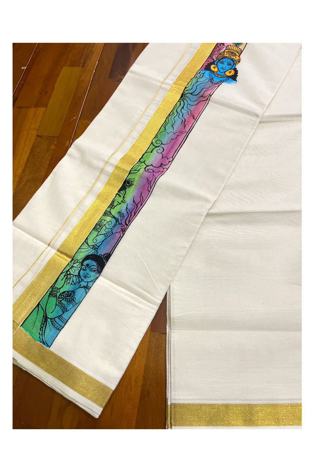 Kerala Pure Cotton Double Mundu with Krishna Mural Hand Painted Design on Kasavu Border (South Indian Kerala Dhoti)