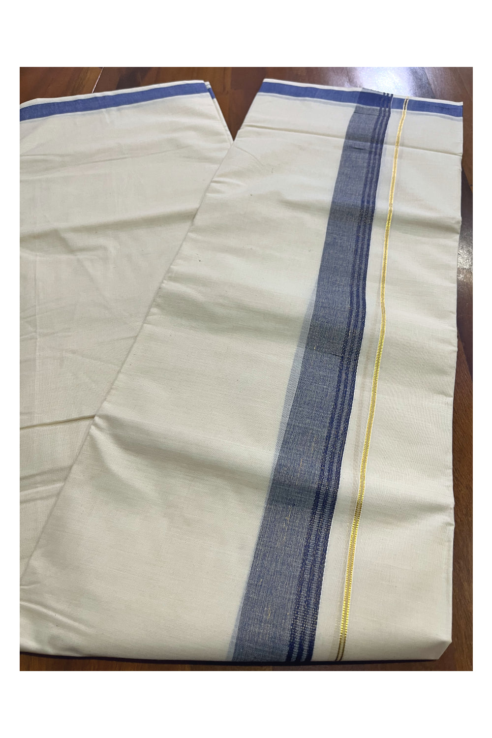 Off White Kerala Cotton Double Mundu with Kasavu and Blue Border (South Indian Kerala Dhoti)