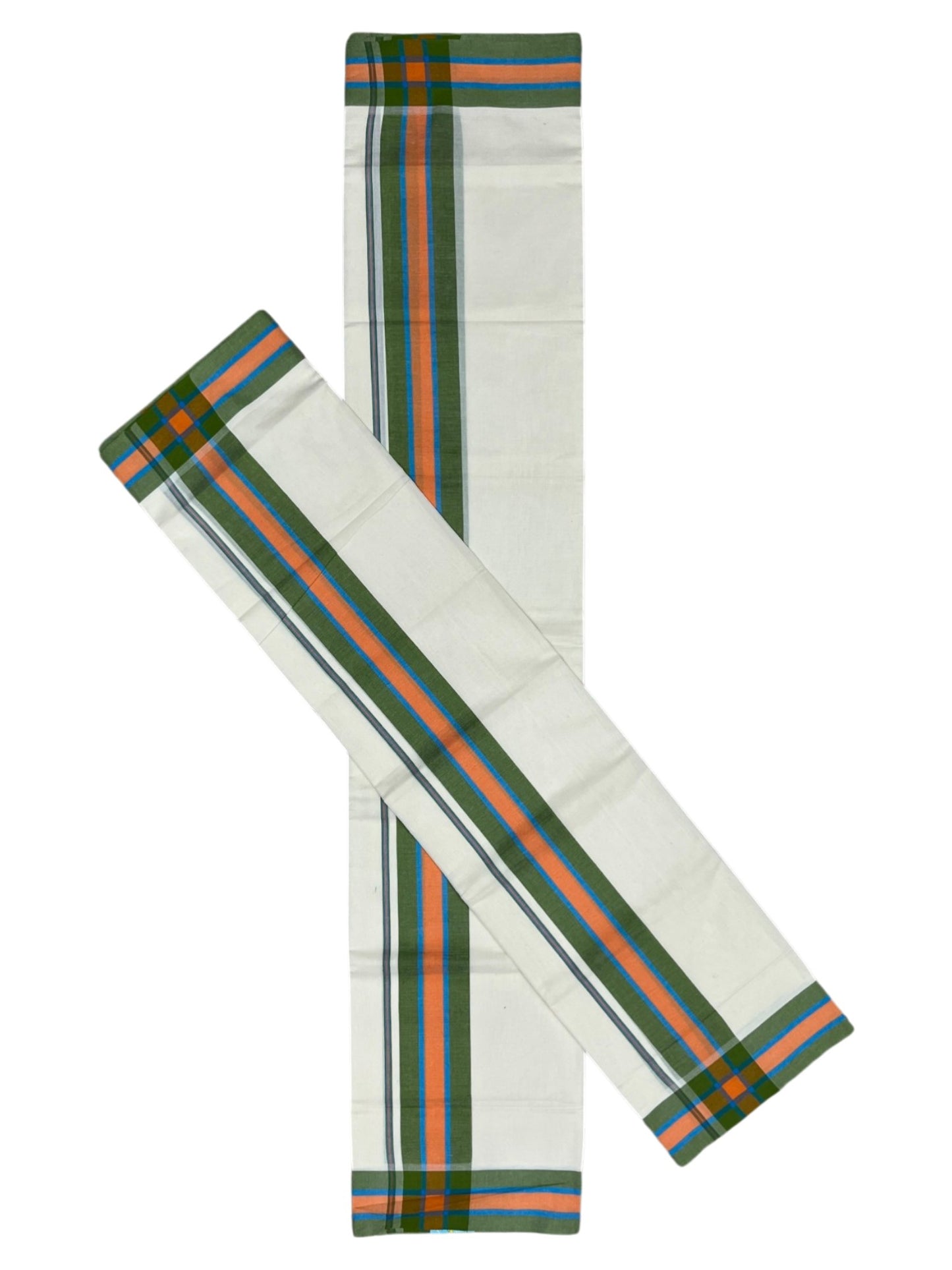 Southloom Pure Cotton Kerala Single Mulloth Set Mundu (Mundum Neriyathum) Orange & Green Border in 2.50 mtrs SL243