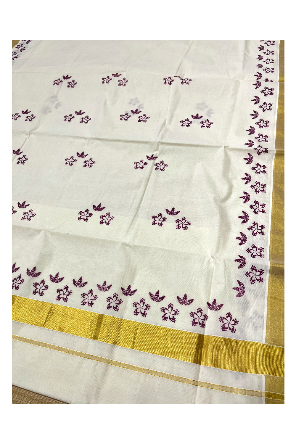 Pure Cotton Kerala Kasavu Saree with Purple Block Prints and Kasavu Border