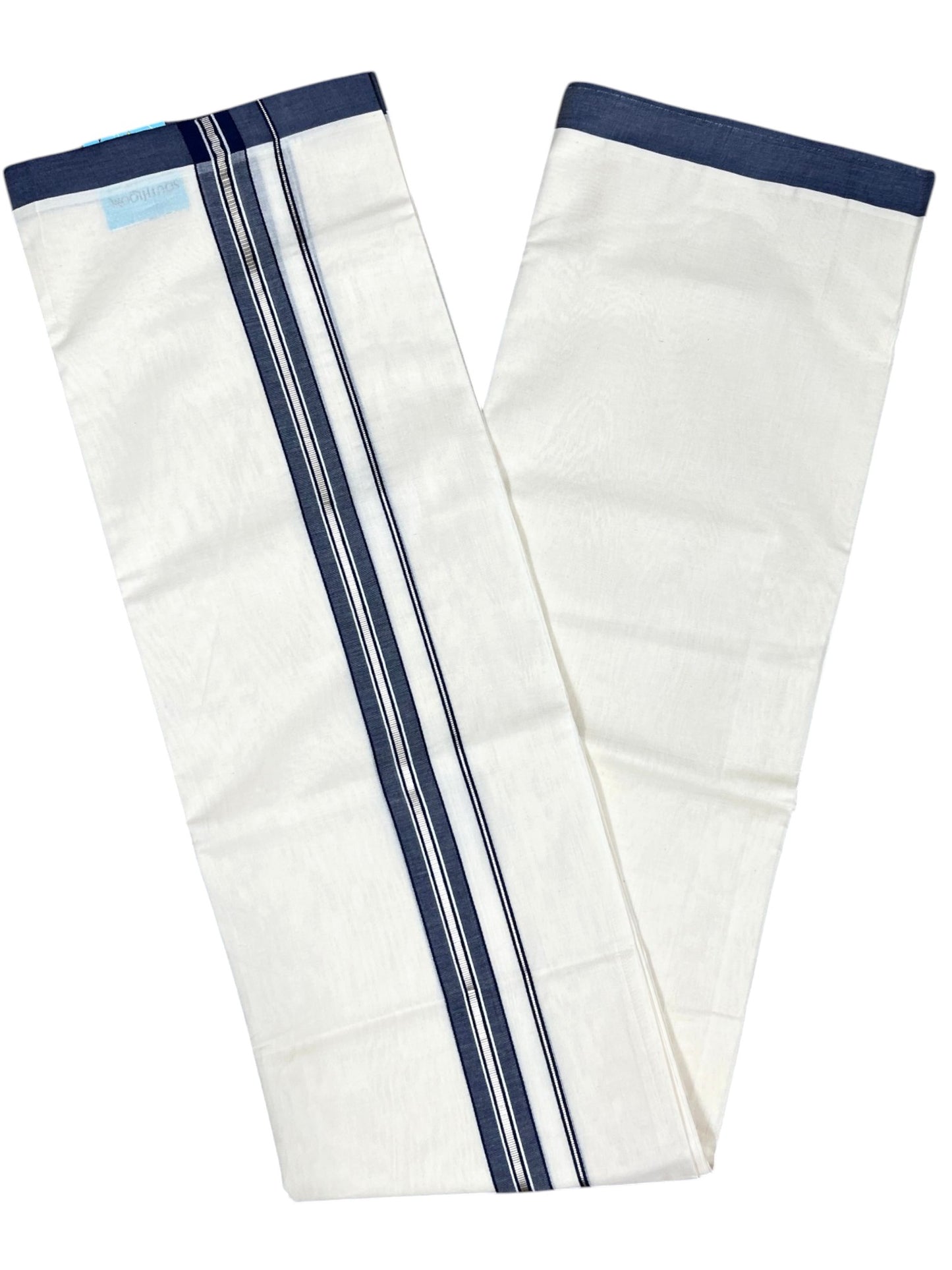 Southloom Pure Cotton Mundu with Silver Lines and Blue Border (South Indian Kerala Dhoti)