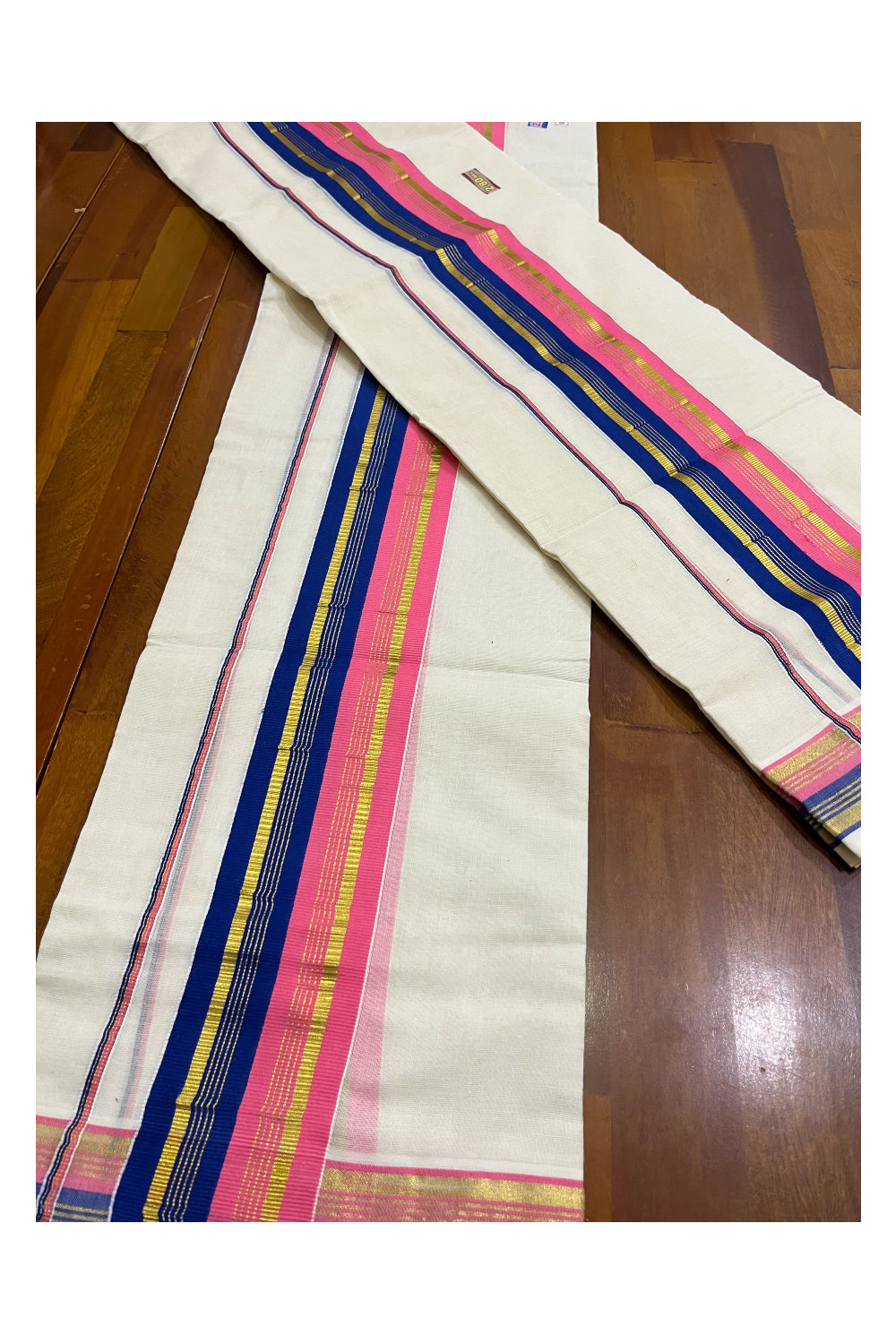 Kerala Cotton Kasavu Set Mundu (Mundum Neriyathum) with Pink Blue Border 2.80 Mtrs