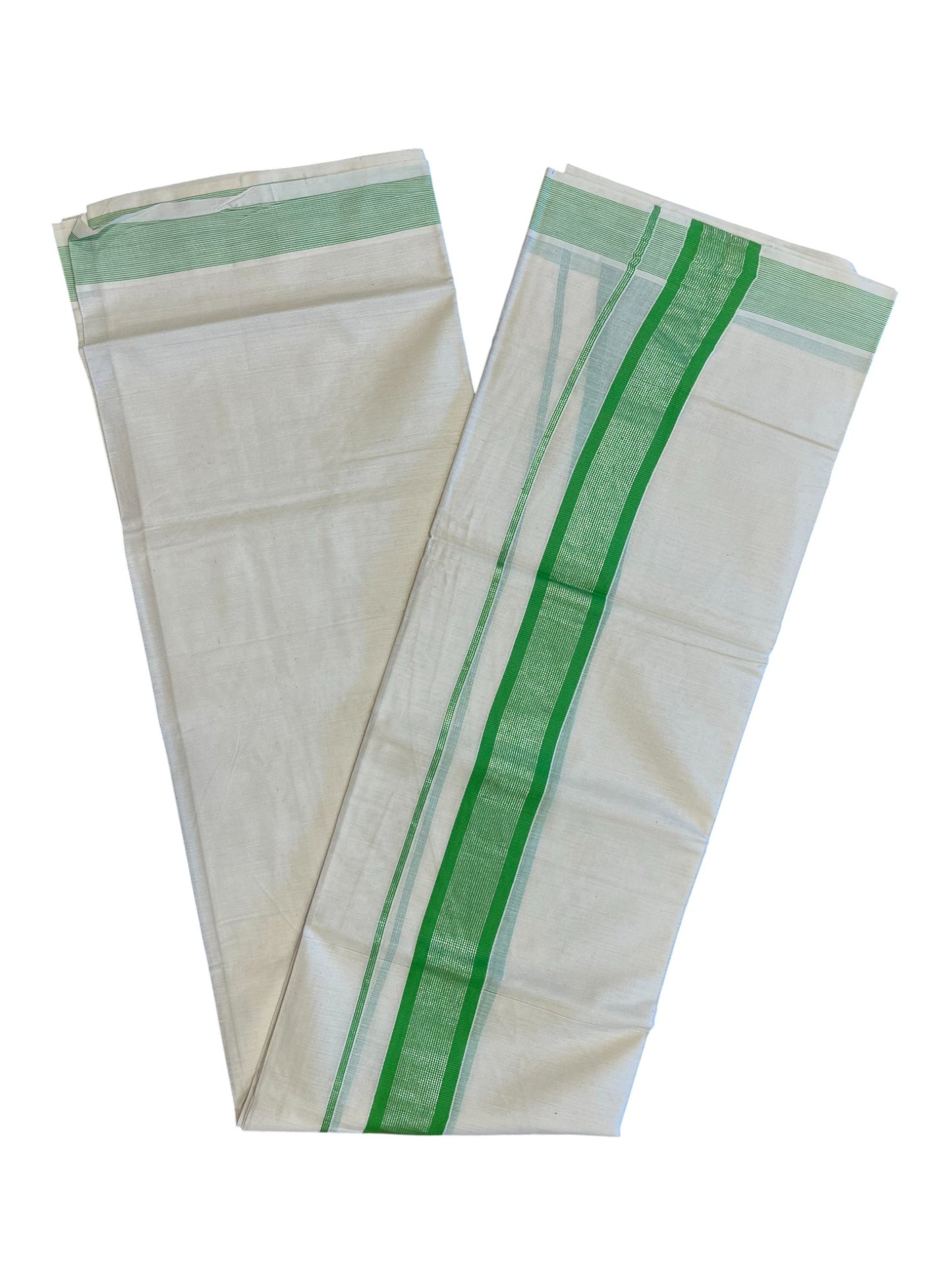 Southloom Kerala Pure Cotton Double Mundu with Silver Lines & Green Border (South Indian Dhoti)