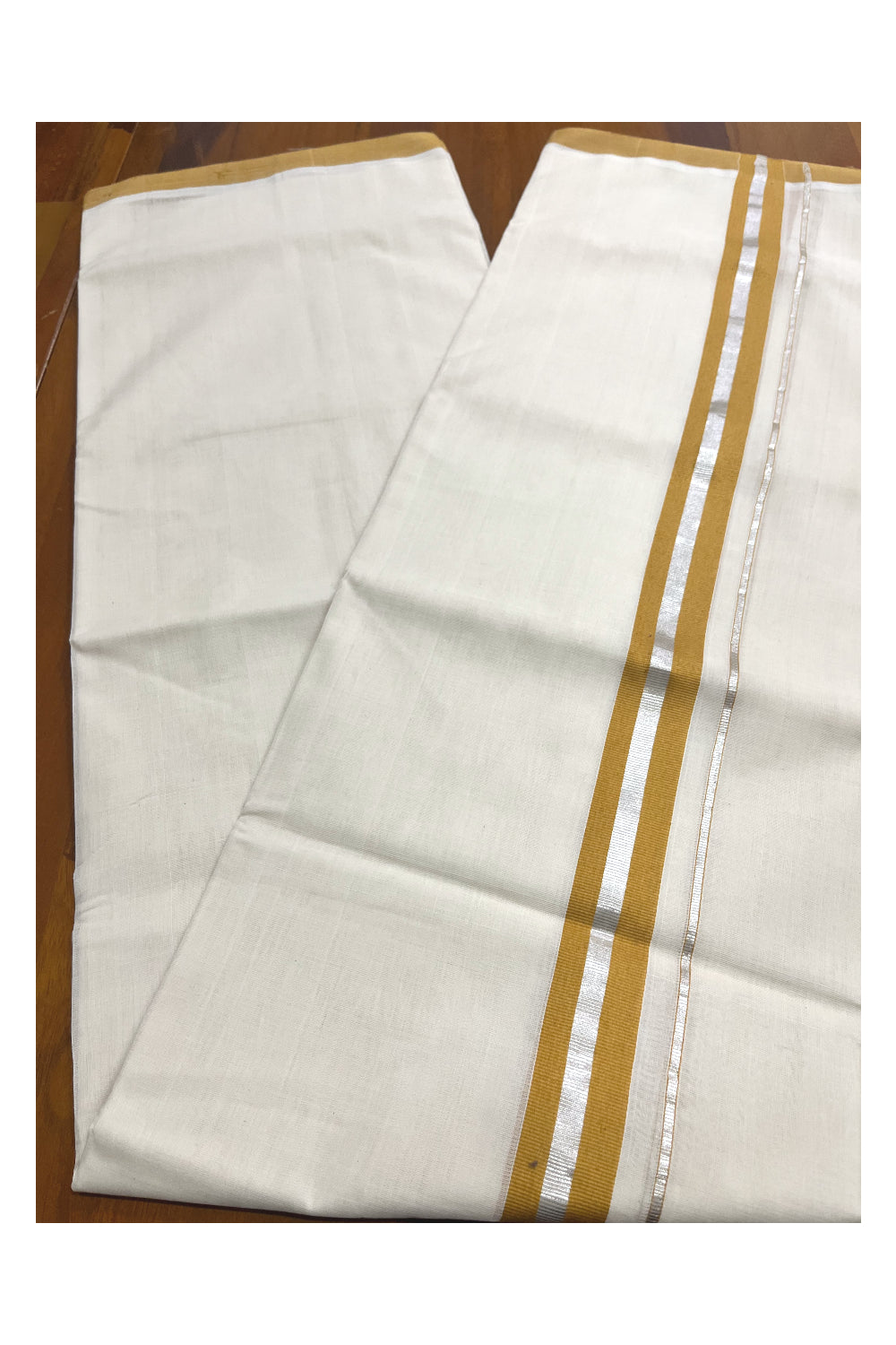Premium Balaramapuram Handloom Unakkupaavu Cotton Double Mundu with Silver Kasavu and Yellow Border (Vishu 2024 Collection)