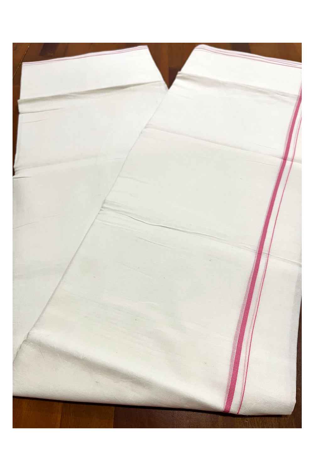 Pure White Kerala Cotton Double Mundu with Pink Thin Kara (South Indian Kerala Dhoti)