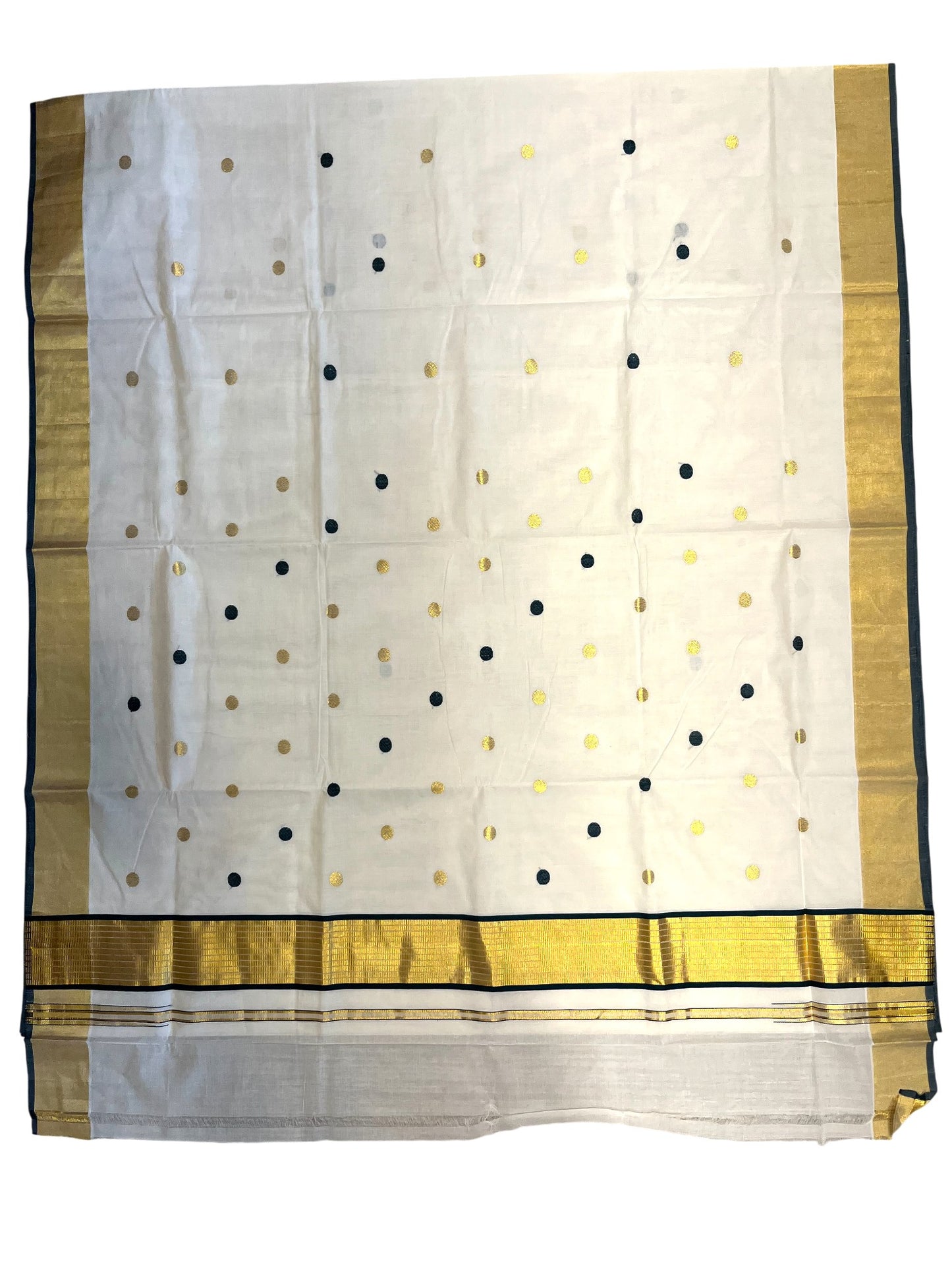 Southloom Super Premium Balaramapuram Unakkupaavu Handloom Cotton Saree with Gold and Green Polka Works on Body
