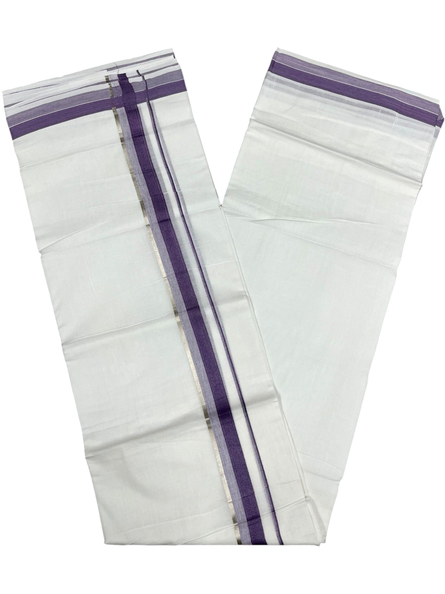Southloom Pure White Cotton Mundu with Silver Line & Lavender Border (South Indian Kerala Dhoti)