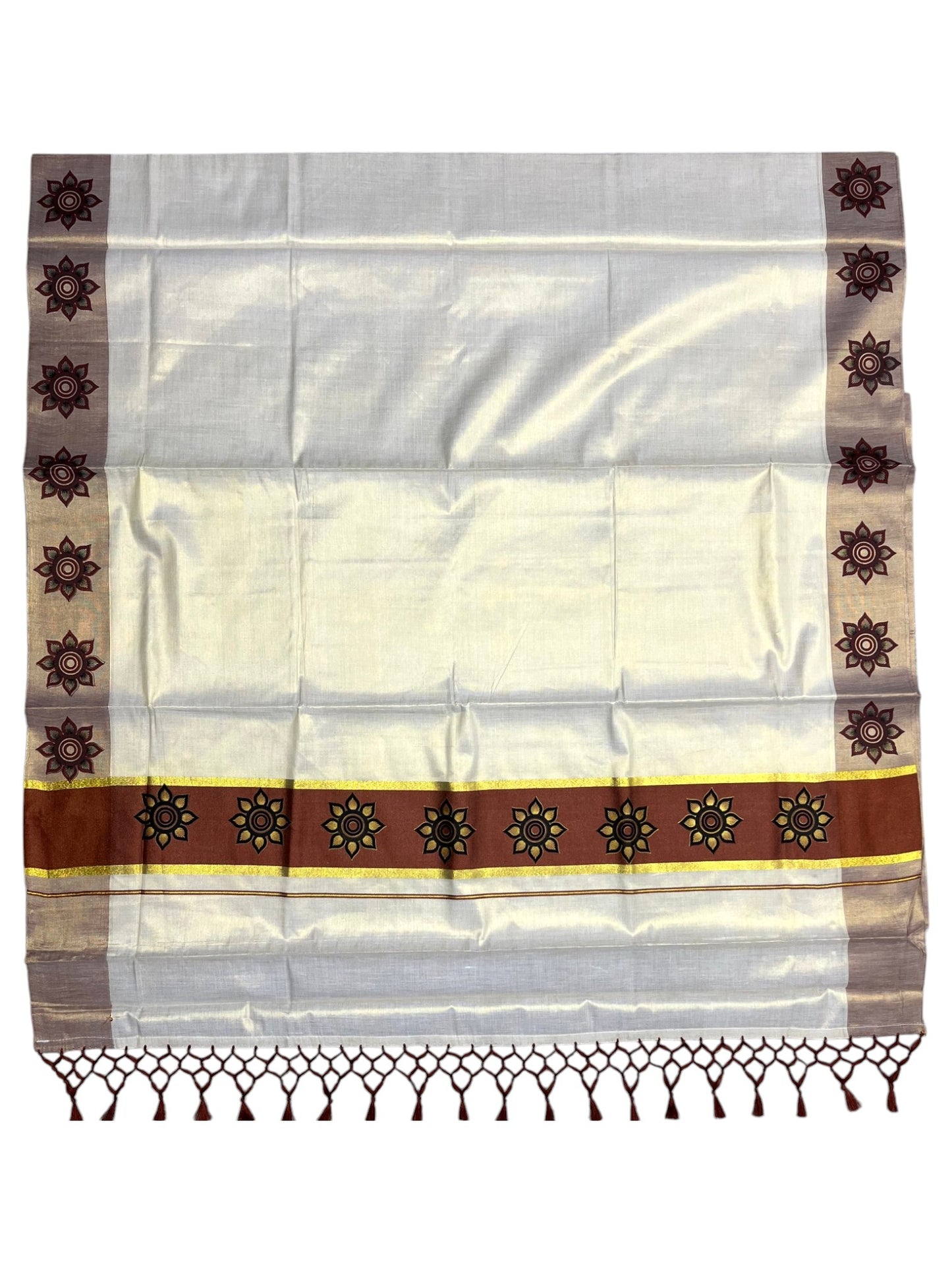Southloom Kerala Tissue Kasavu Saree with Floral Block Prints in Brown Border