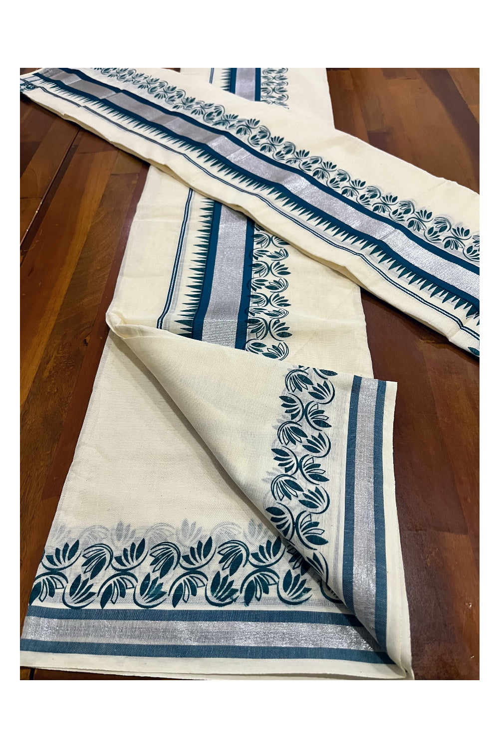 Kerala Pure Cotton Set Mundu Single (Mundum Neriyathum) with Teal Floral Temple Block Prints on Silver Kasavu Border