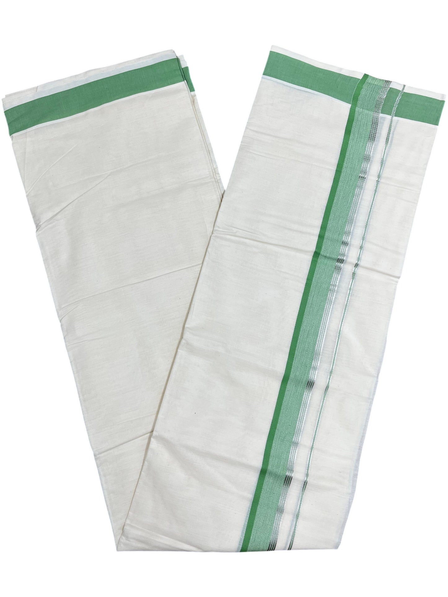 Southloom Pure Cotton Mundu with Green & Silver Lines Border (South Indian Kerala Dhoti)