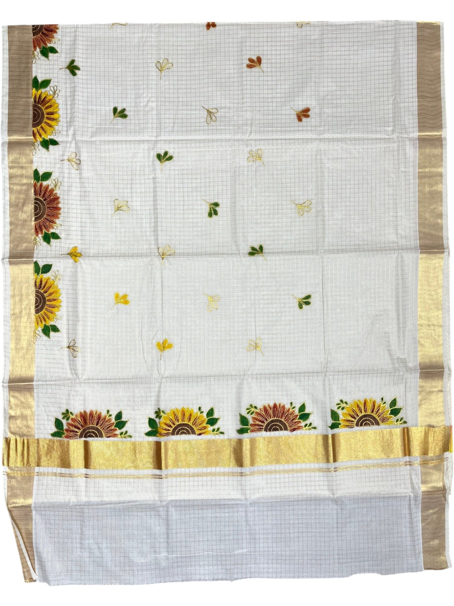 Southloom Cotton Kerala Kasavu Check Saree with Floral Handpainted and Embroidery Work on Body