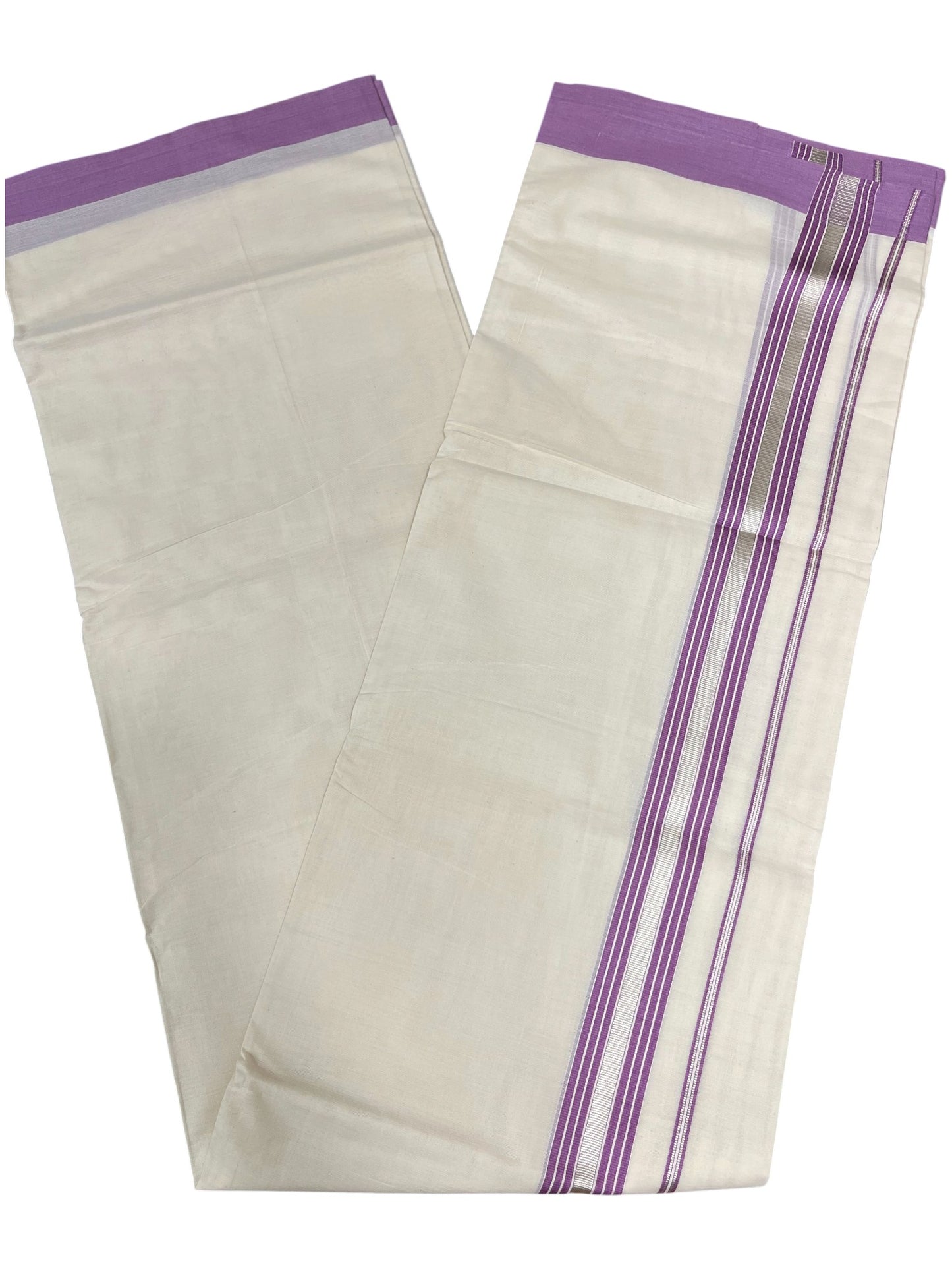 Southloom Kerala Pure Cotton Double Mundu with Lavender And Silver Lines Border (South Indian Dhoti)
