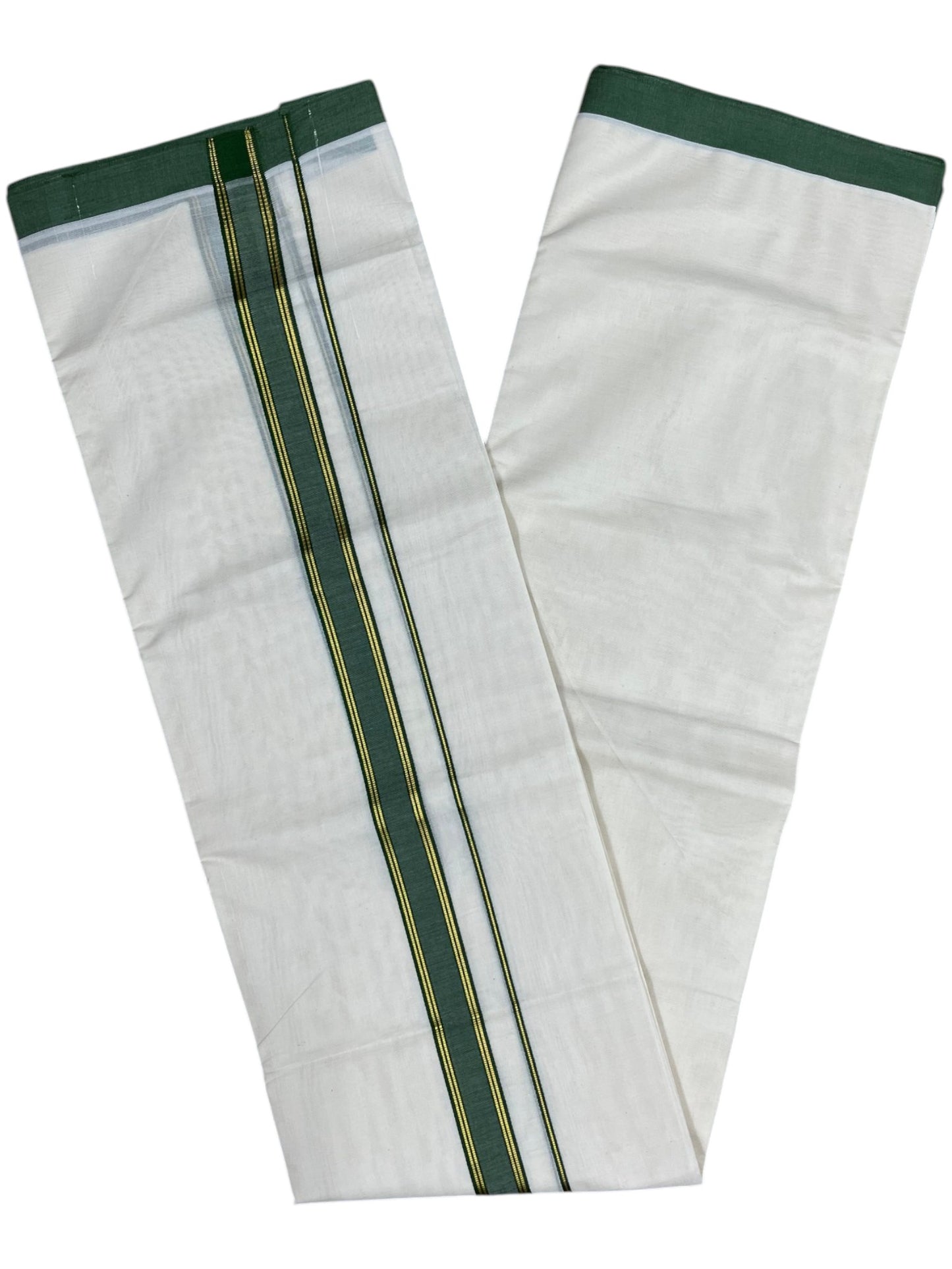 Southloom Pure Cotton Mundu with Gold Lines and Green Border (South Indian Kerala Dhoti)