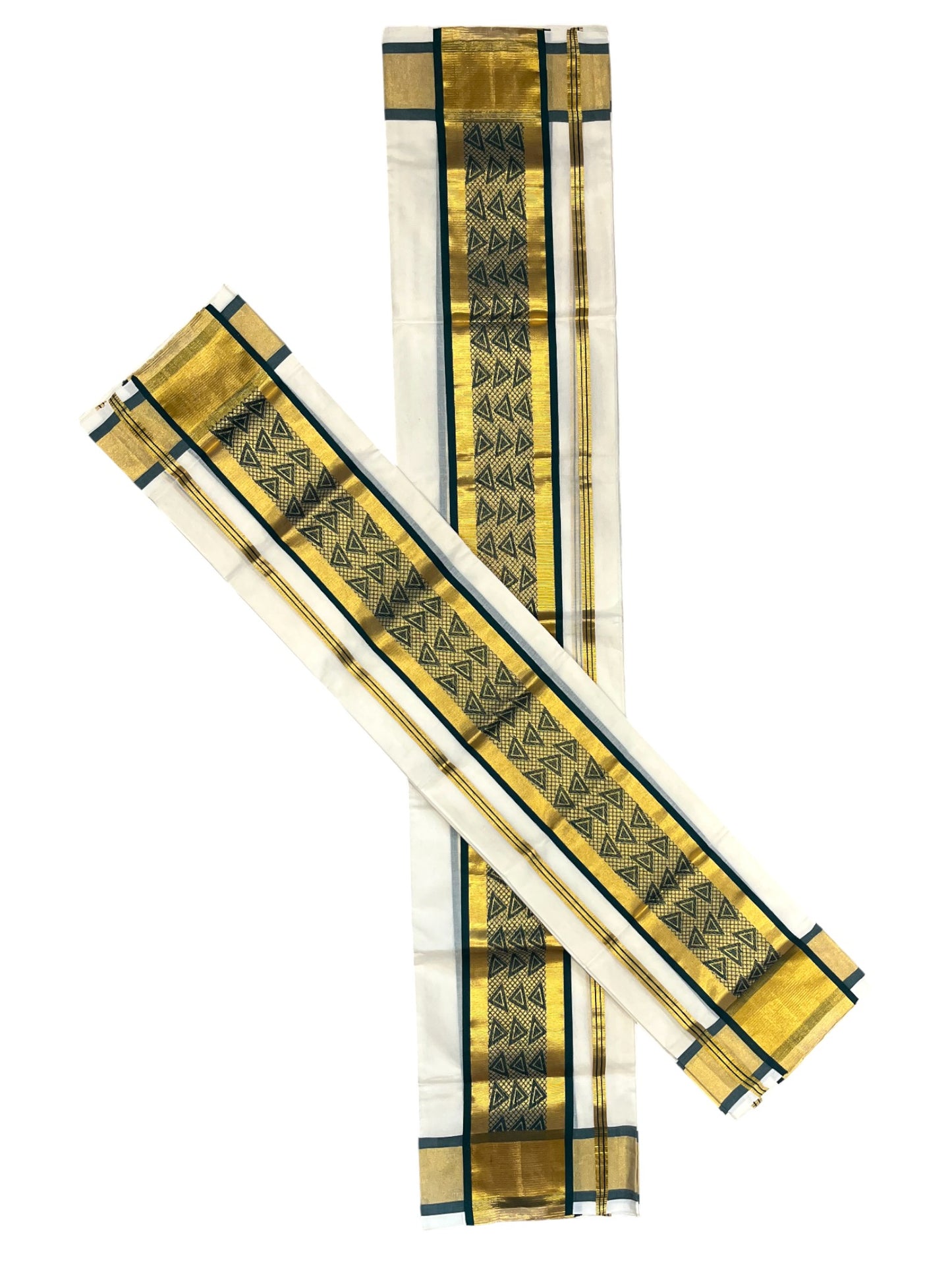 Southloom Premium Handloom Set Mundu with Kasavu and Green Golden Border (2.80 Mtr)