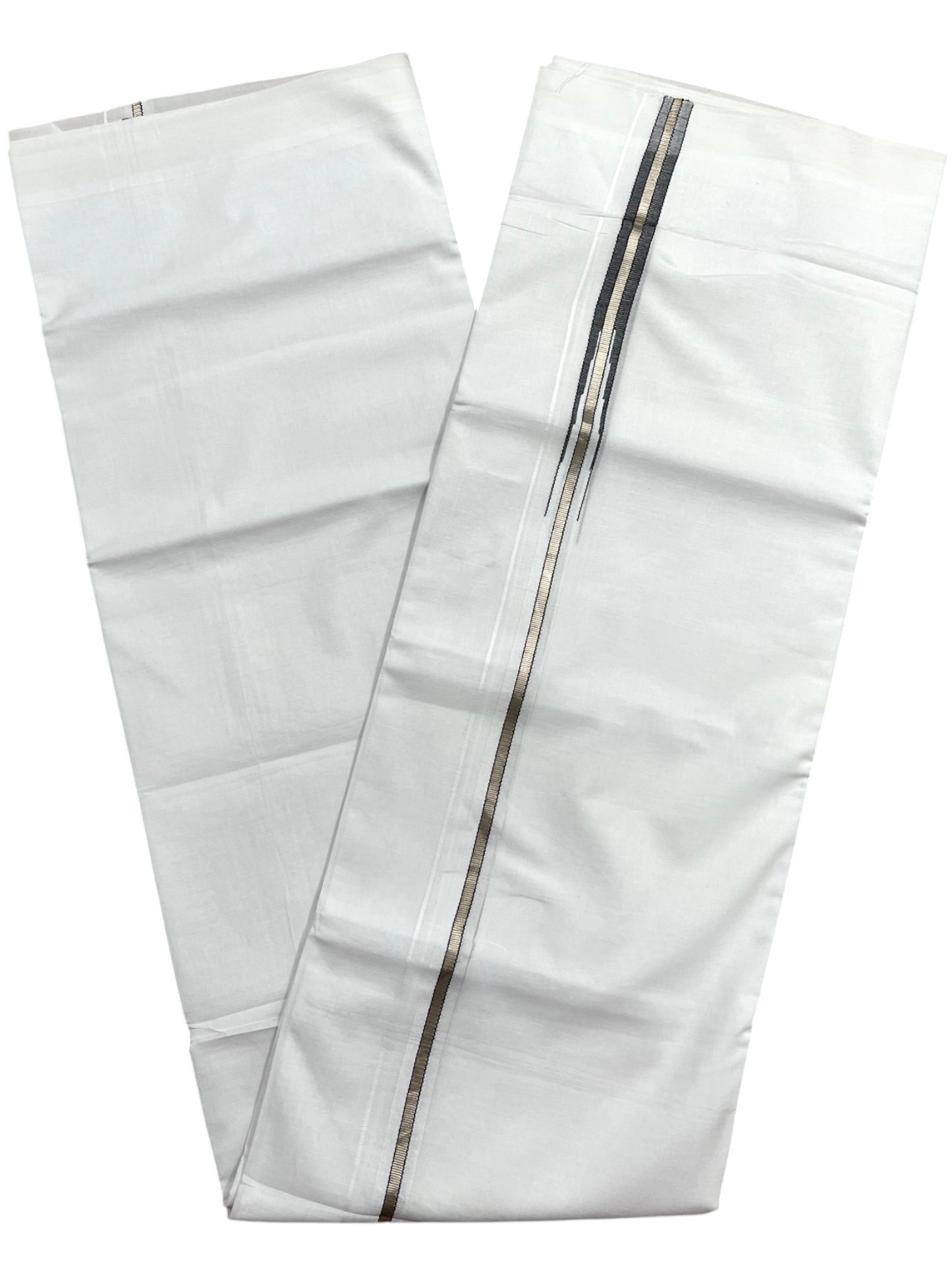 Southloom Pure White Cotton Double Mundu with Silver and Black Chutti Kara (South Indian Dhoti)