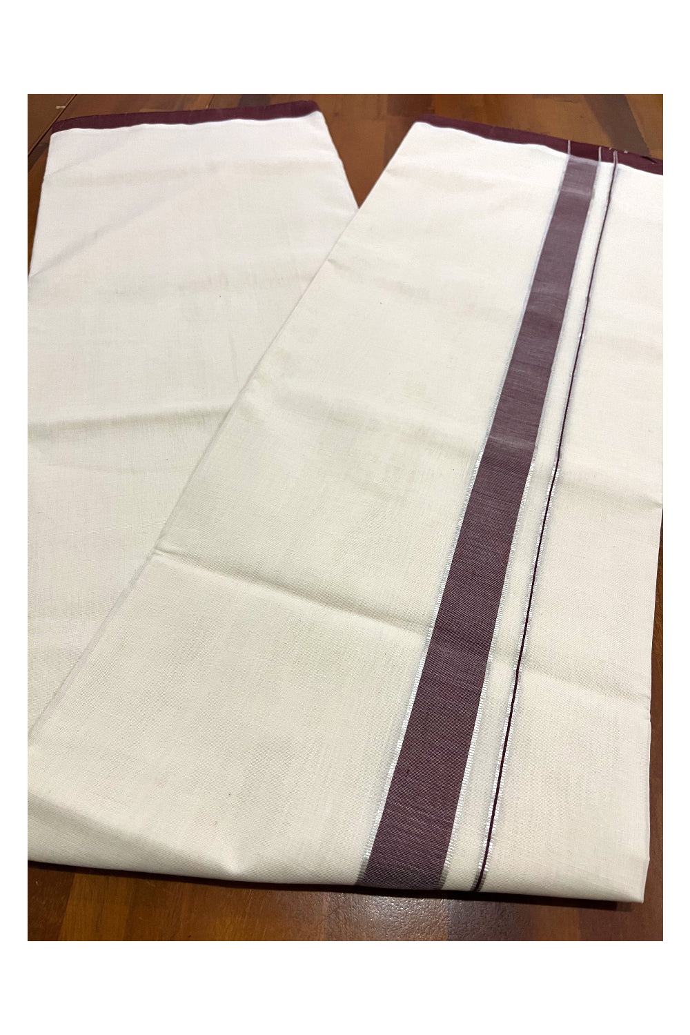 Southloom Premium Balaramapuram Unakkupaavu Handloom Mundu with Brown and Silver Kasavu Border (South Indian Kerala Dhoti)