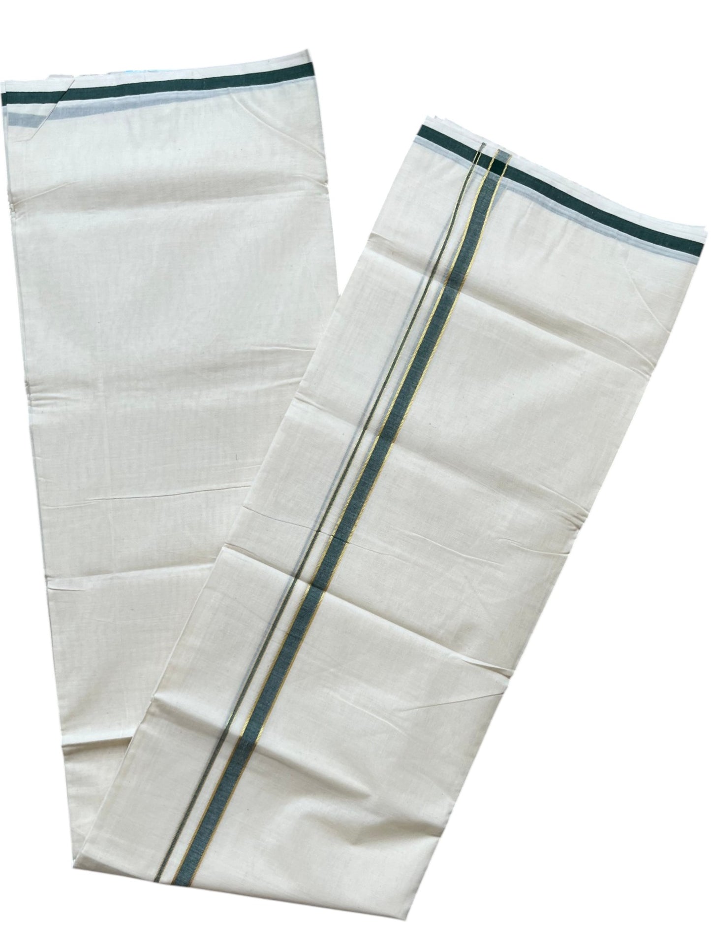 Southloom Pure Cotton Mundu with Golden Lines and Green Border (South Indian Kerala Dhoti)
