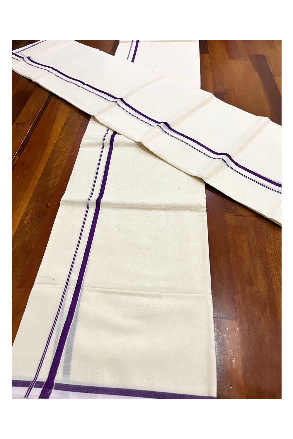 Kerala Cotton Set Mundu (Mundum Neriyathum) with Violet Thin Border 2.75 Mtrs