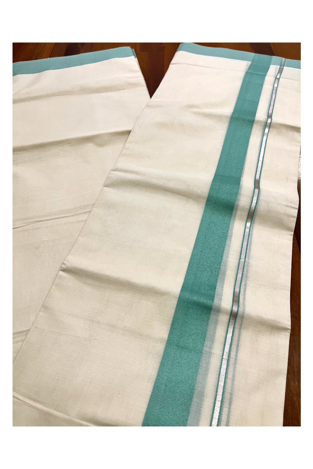 Pure Cotton Double Mundu with Silver Kasavu and Turquoise Border (South Indian Kerala Dhoti)