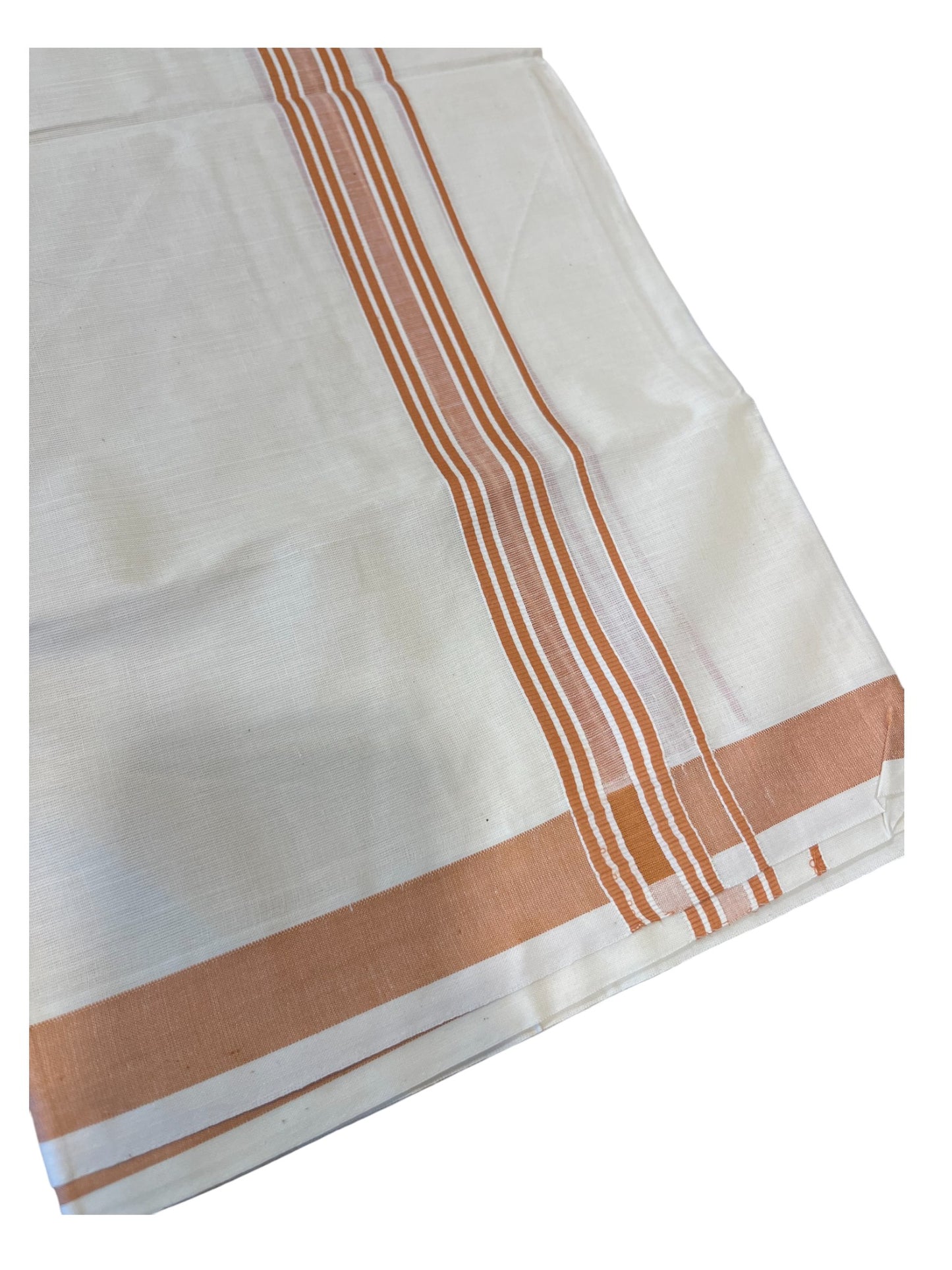 Southloom Pure Cotton  Double Mundu With White Lines &Beige Border (South Indian Kerala Dhoti)