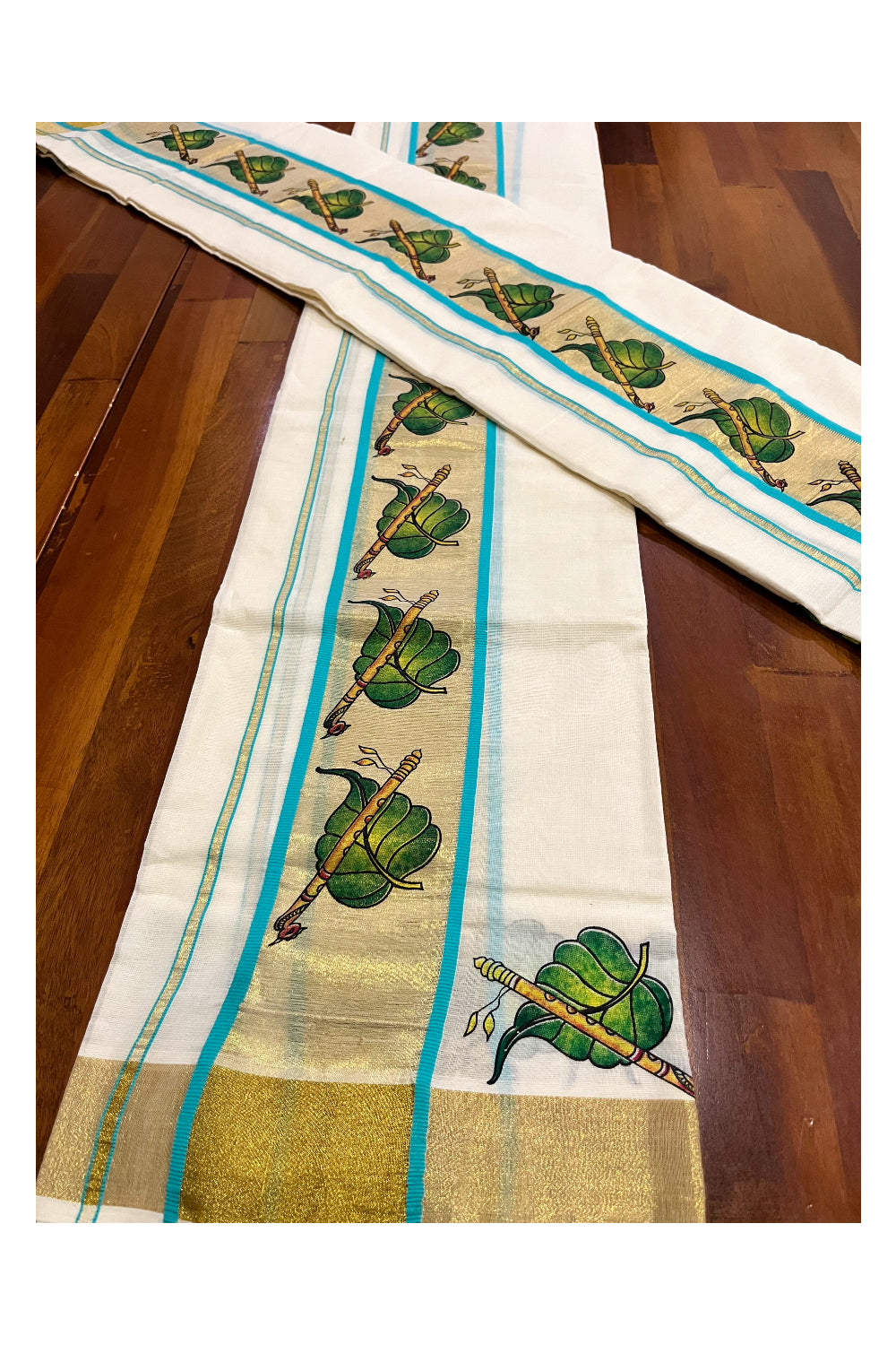 Kerala Cotton Single Set Mundu (Mundum Neriyathum) with Leaf and Flute Block Prints on Kasavu Turquoise Border