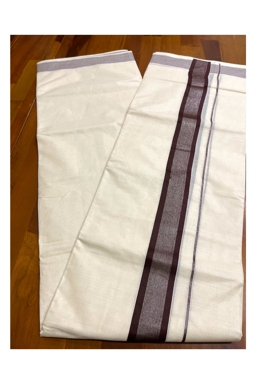 Kerala Pure Cotton Double Mundu with Brown and Silver Kasavu Border (South Indian Kerala Dhoti)