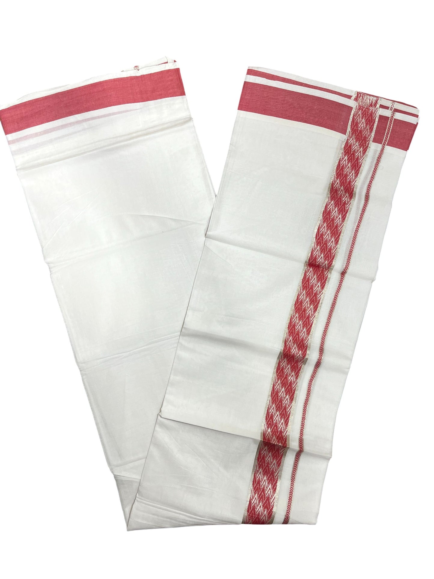Southloom Kerala Pure White Cotton Double Mundu with Silver Lines & Pink Border (South Indian Dhoti)