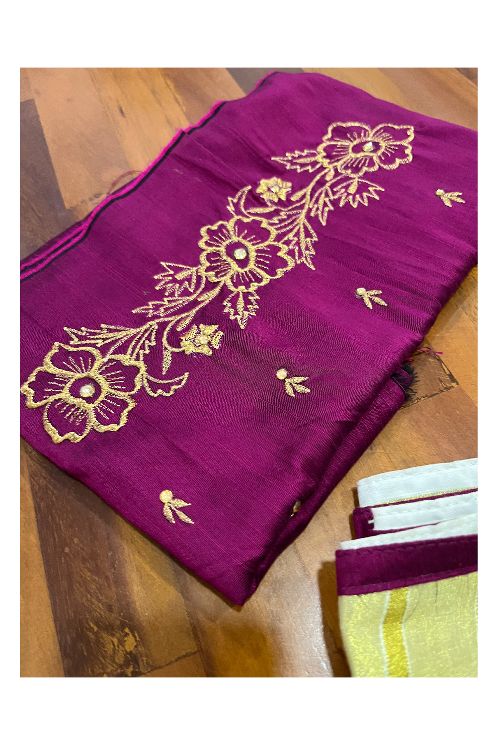 Kerala Tissue Kasavu Saree with Floral Embroidery Works on Body and Ma ...