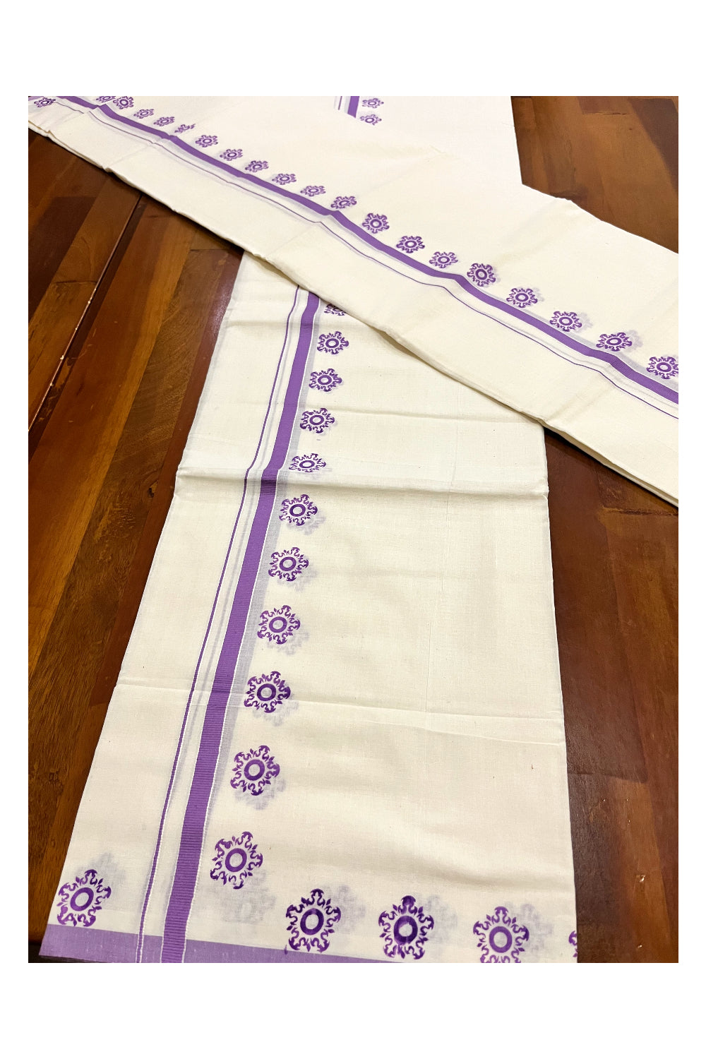 Kerala Pure Cotton Set Mundu Single (Mundum Neriyathum) with Violet Block Prints