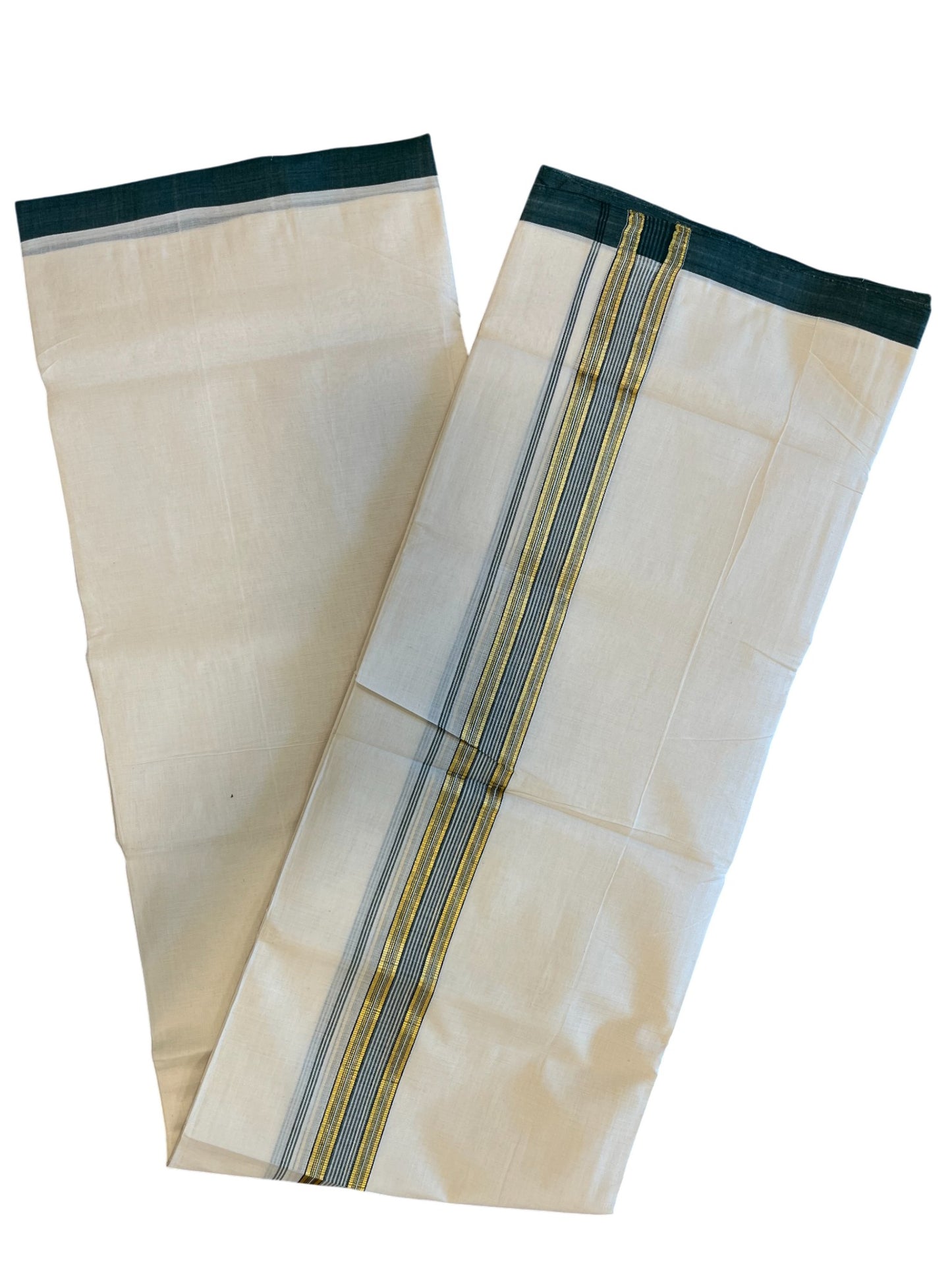 Southloom Premium Handloom Cotton Double Mundu with Gold and Green Border