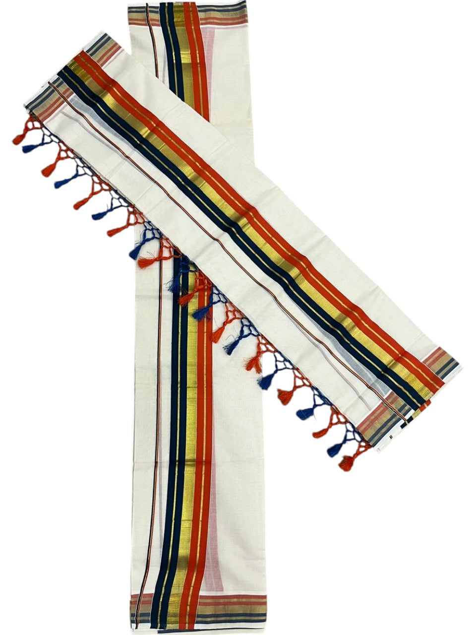 Southloom Kerala Cotton Kasavu Single Set Mundu (Mundum Neriyathum) with Orange with Blue Gold Kasavu Lines .SLKK SL518