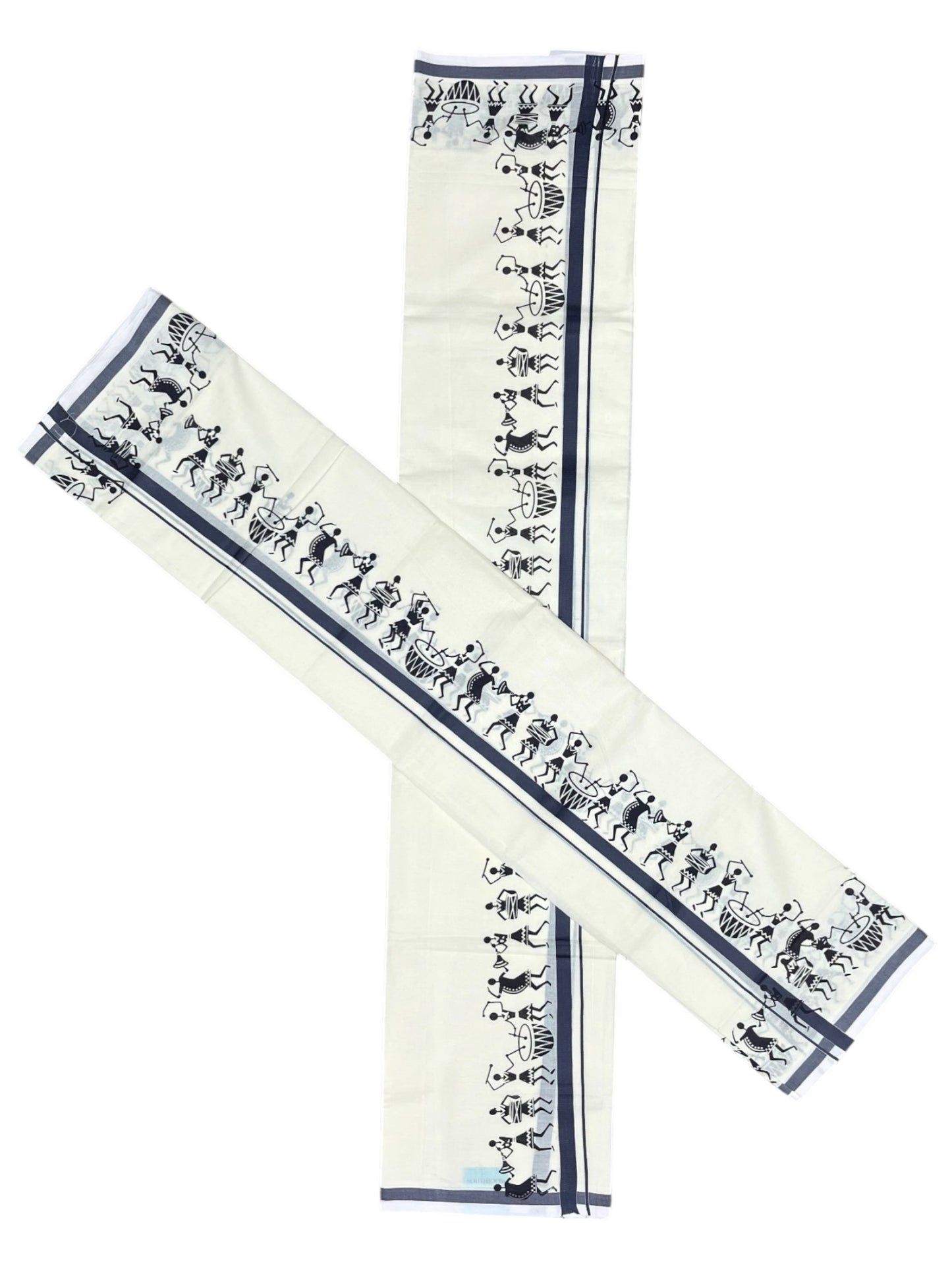 Southloom Pure Cotton Kerala Single Warly Print Set Mundu (Mundum Neriyathum) Grey Border in 2.50 mtrs  SL246