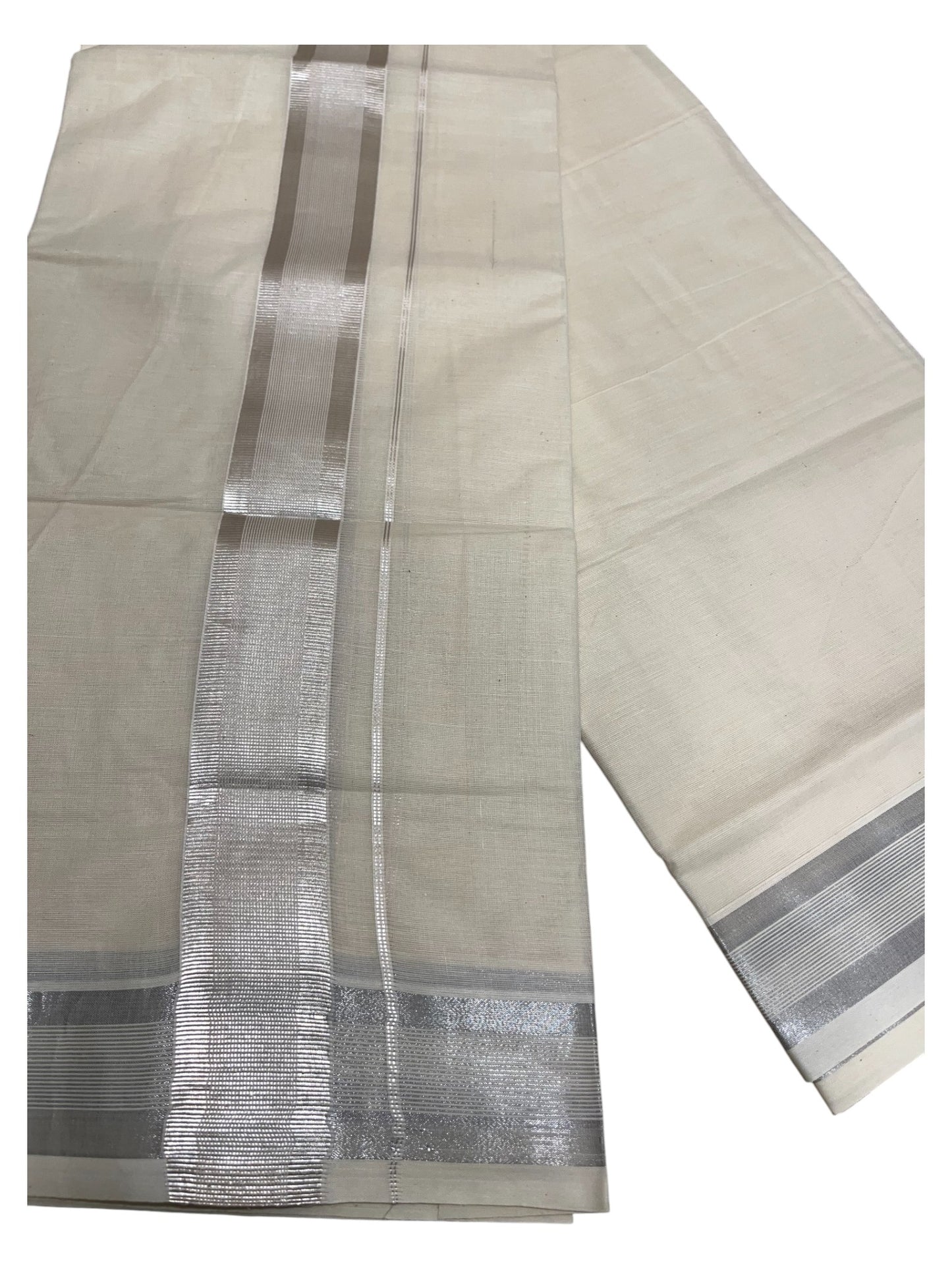 Southloom Kerala Cotton Double Mundu with Silver Border  (South Indian Dhoti)