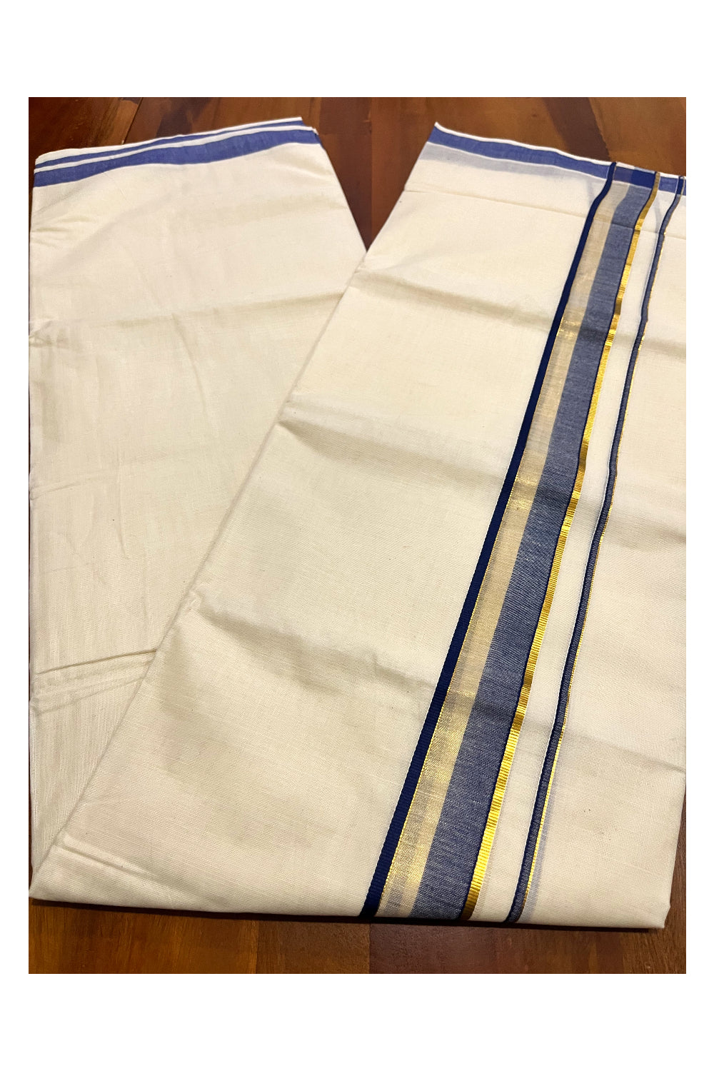 Kerala Pure Cotton Double Mundu with Blue and Kasavu Border (South Indian Kerala Dhoti)