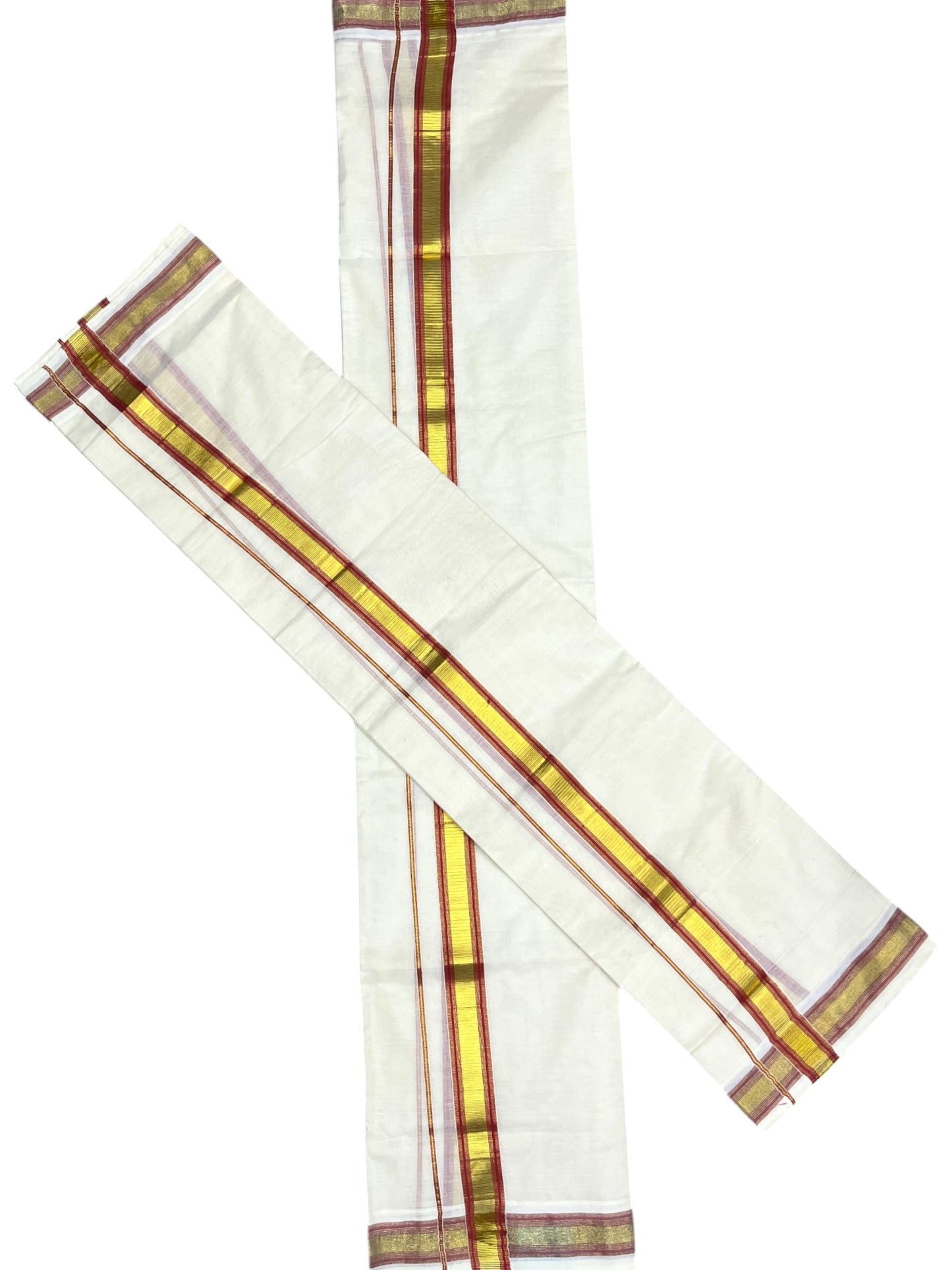 Kerala Cotton Set Mundu (Mundum Neriyathum) with Kasavu and Red Border 2.80 Mtrs SLKK SL470
